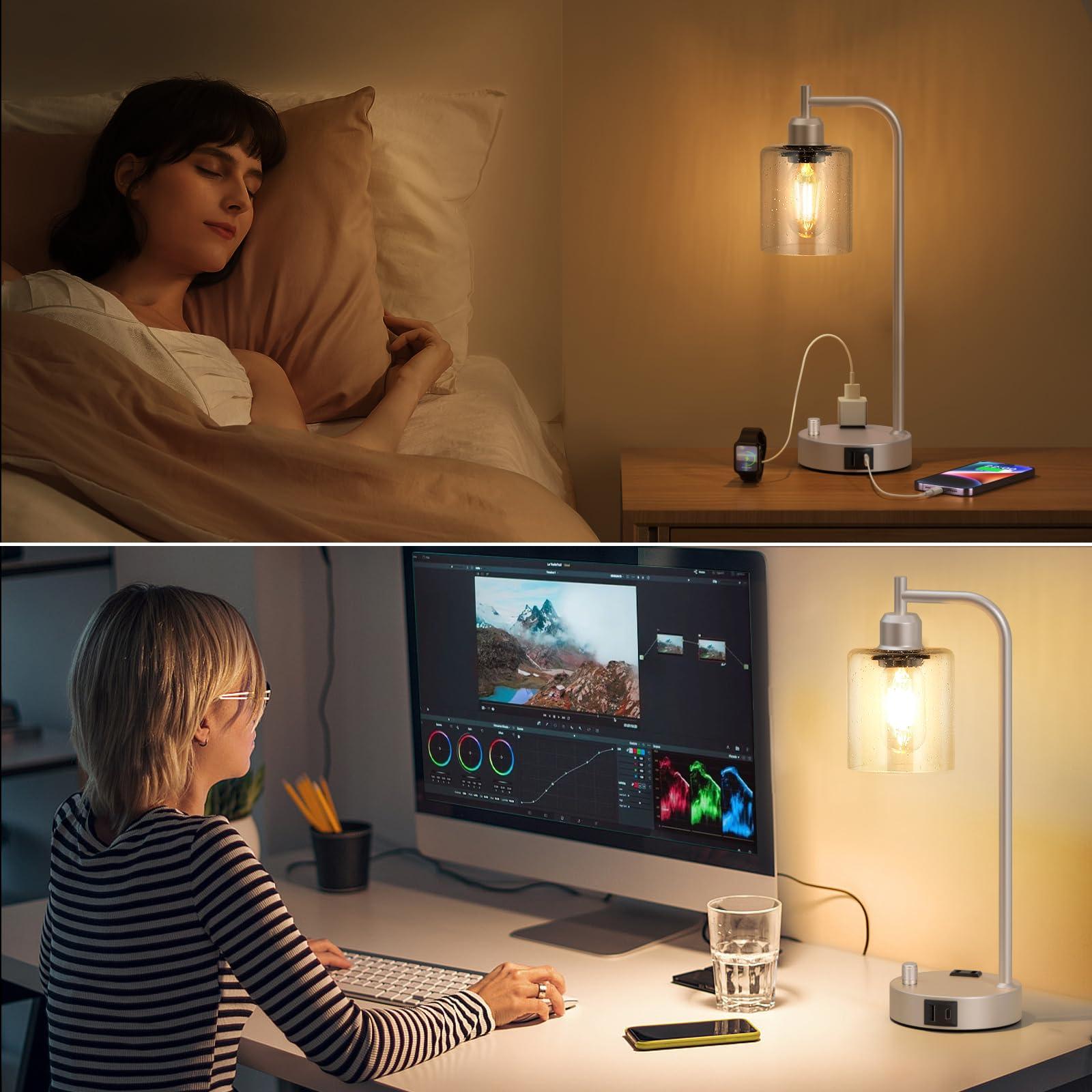 Industrial Table Lamps for Bedrooms Set of 2 - Fully Dimmable Bedside Lamps with USB Ports and Outlet, Champagne Gold Nightstand Lamps with Glass Shade for Living Room, Desk Lamps for Office Reading - Image 5