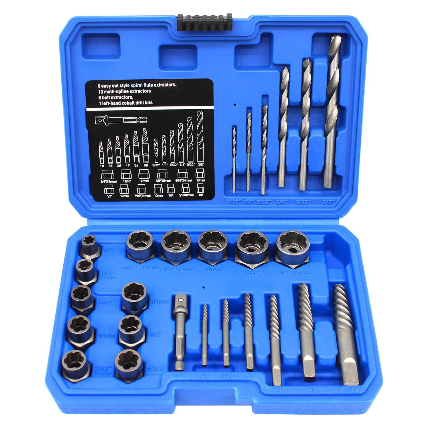26 Piece Impact Bolt and Spiral Screw Extractor Set & Hand Drill Bit Kit,stripped screw extractor,for Removing Broken Studs Bolts Socket Screws and Fittings