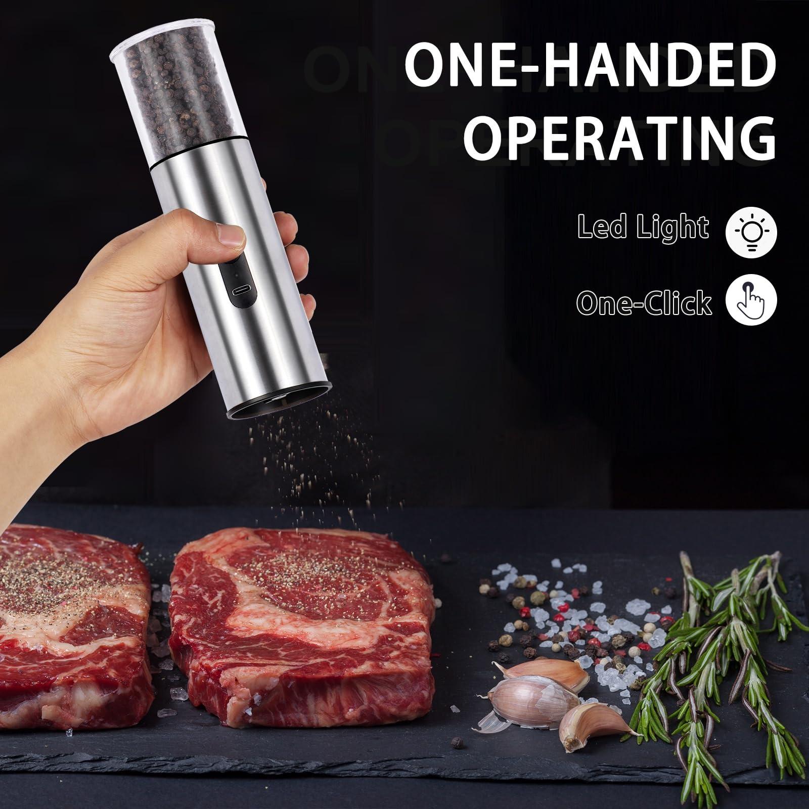 Enutogo Electric Salt and Pepper Grinder Set, Rechargeable Salt and Pepper Shakers Refillable, Automatic Pepper Mill with Adjustable Coarseness, One Hand Operation with LED light, Stainless Steel - Image 6