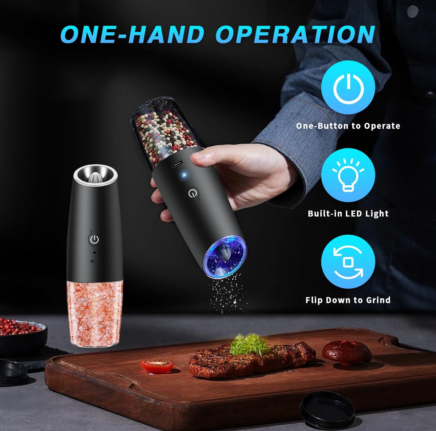 Haomacro Electric Salt and Pepper Grinder Set, Rechargeable Salt and Pepper Shaker with Adjustable Coarseness And LED Light, Automatic Pepper Mills for Kitchen (Black - 2 PCS) - Image 2