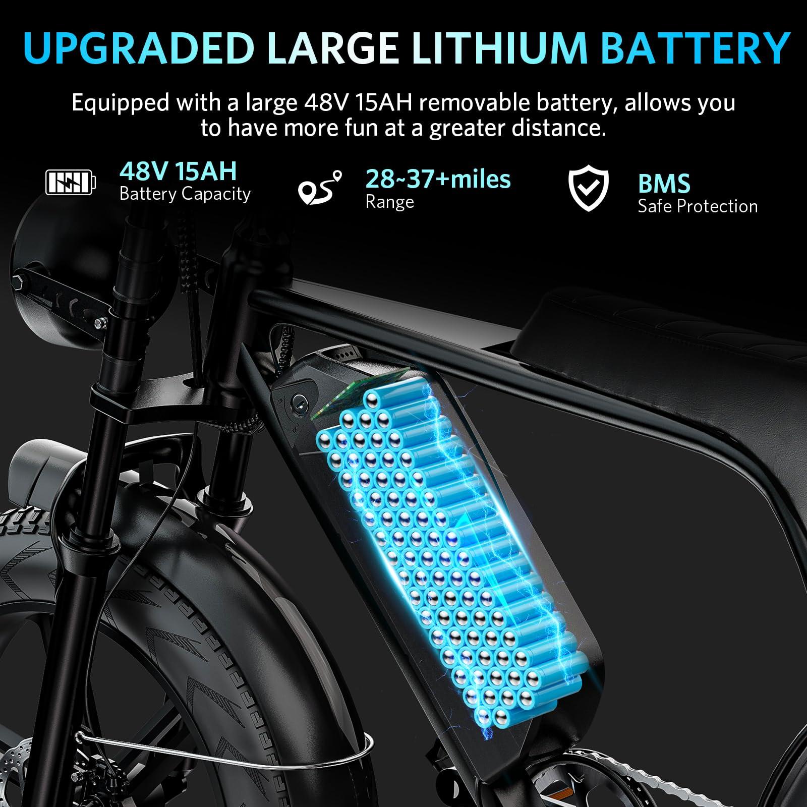 OUXI Electric Bike for Adults, Peak 500/750W/1000W, Up to 20/31 MPH, 10.4/15/30 AH Removable Battery, 16''/20" Fat Tire Electric Bike, 7-Speed Gear Bicicleta Eléctrica, Ebike Moped Style UL Certified - Image 4