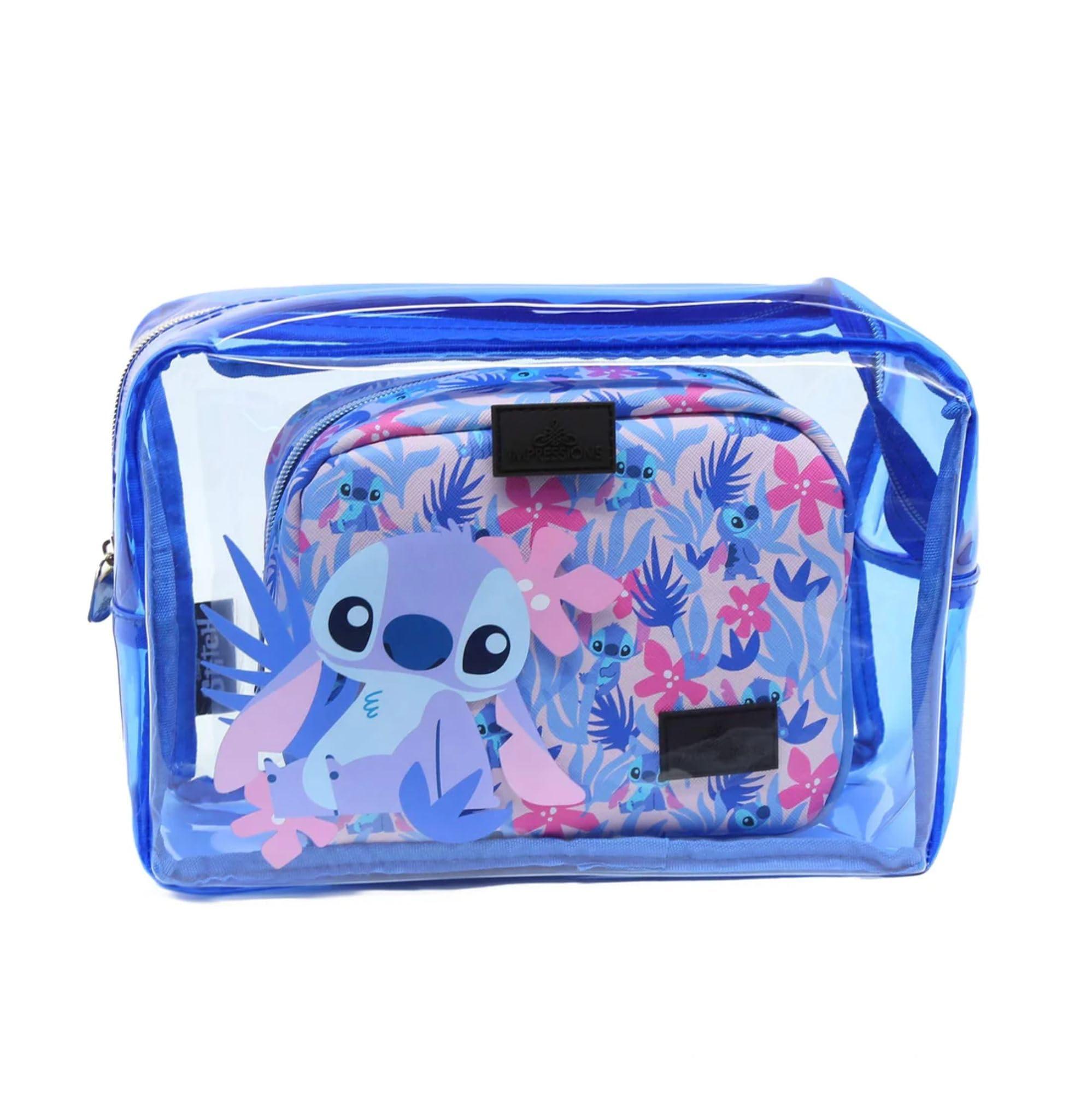 Impressions Vanity 2 PCs Disney Stitch Clutch Set for Makeup Accessories, Water Resistant Zippered Travel Cosmetic Bag Organizer for Makeup Brush, Lipstick, Skincare, and Toiletries (Blue)