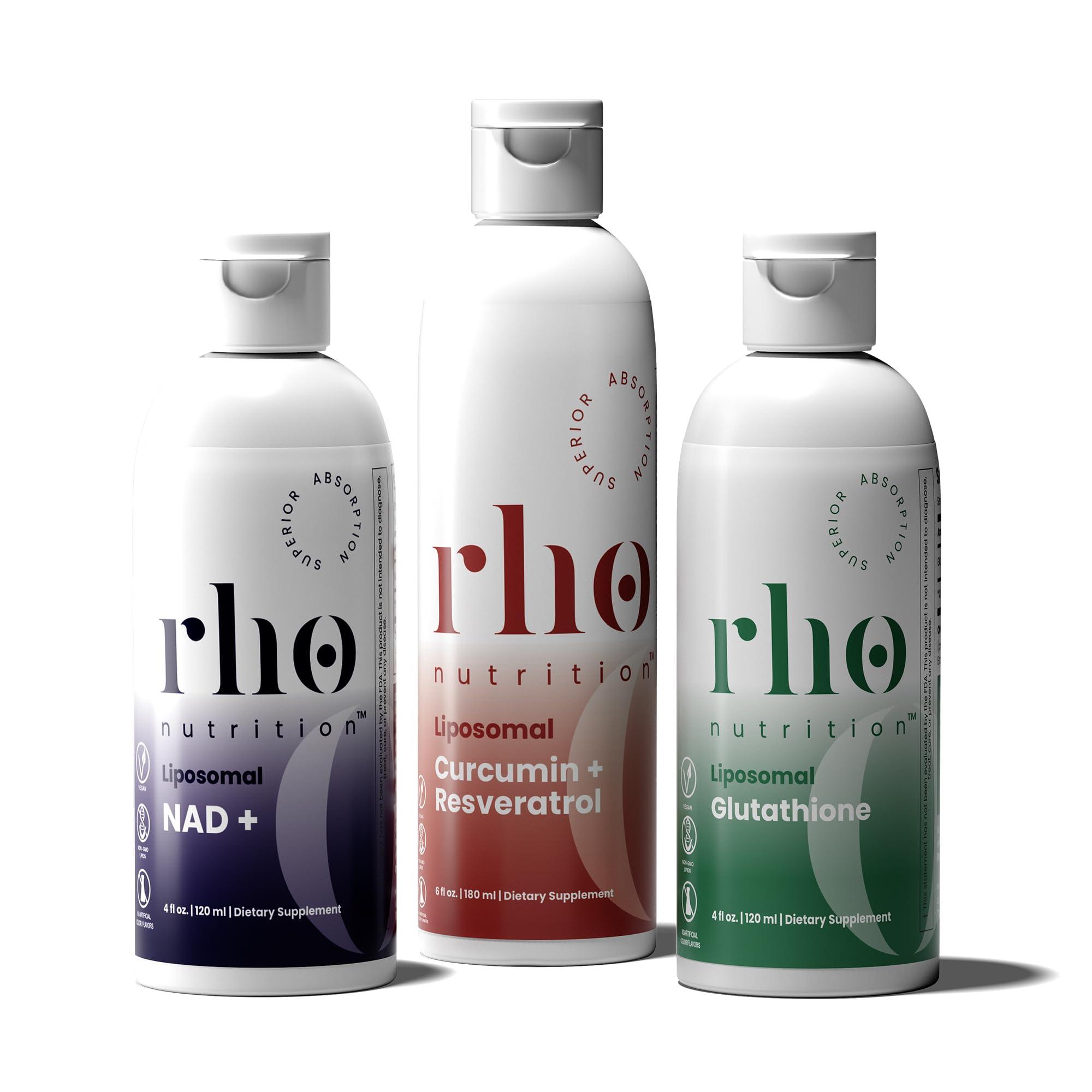 Rho Nutrition - Cellular Longevity Essentials Bundle – Ultra High Absorption Liquid Liposomal Supplements for Healthy Aging & Cellular Support - NAD+, Curcumin + Resveratrol, & Glutathione (3 Pack)