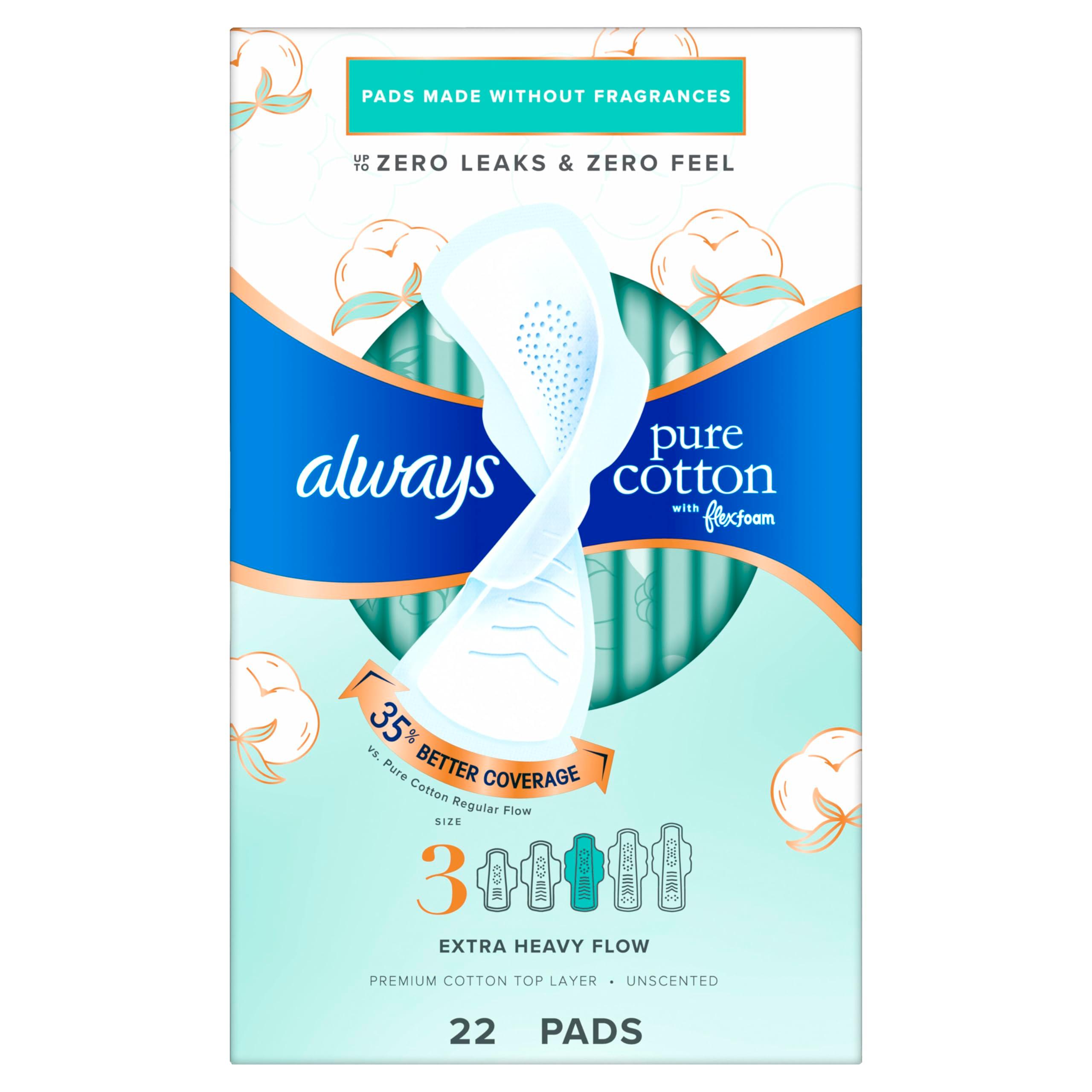 Always Pure Cotton Feminine Pads for Women, FlexFoam Pads with Wings, Size 3, Extra Heavy Flow Absorbency, Made with a Premium Cotton Top Layer, 22 Count x 3 Packs (66 Count Total)(Packaging May Vary) - Image 10