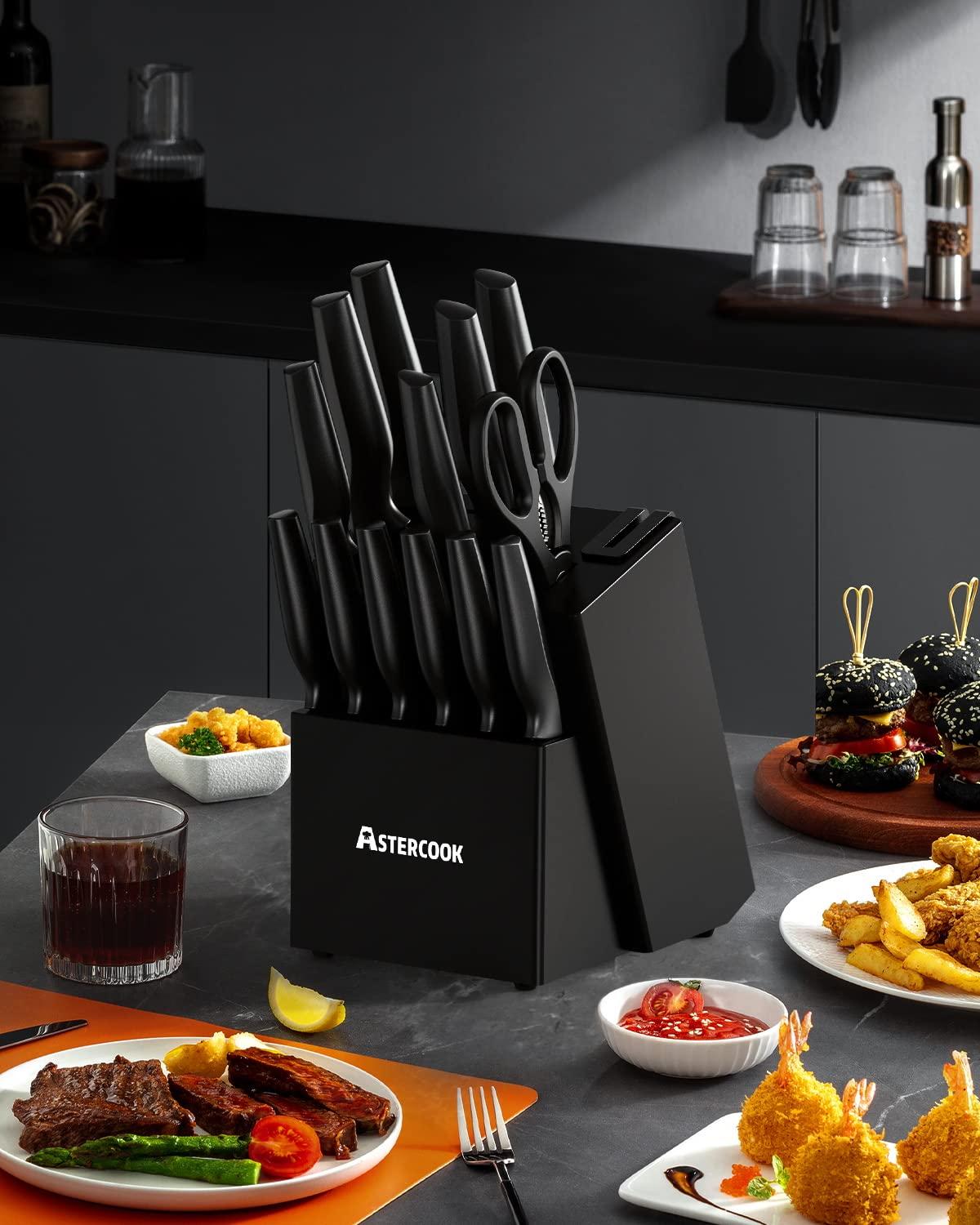 Astercook Knife Set, Kitchen Knife Set with Built-in Sharpener Block, Dishwasher Safe, 15 Pieces German Stainless Steel Knife Block Set, Black - Image 9