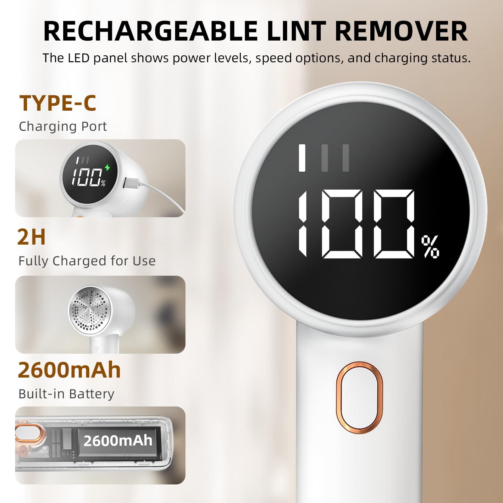 Fabric Shaver, Lint Remover Rechargeable, Electric Portable Sweater Defuzzer with 3 Speeds, 6 Leaf Blades, Digital LED Display to Remove Pilling for Clothes, Furniture, Sweater, Couch, Blanket - Image 3