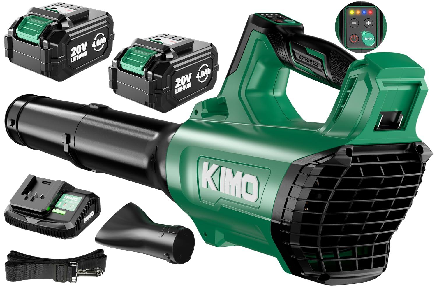 KIMO Leaf Blower Cordless with Battery and Charger, 650CFM 160MPH, Turbo Mode and 4 Speeds, Brushless Motor, 2 Pack 4000mAh Battery Powered Leaf Blowers for Lawn Care, Shoulder Strap, 3 Extended Tube