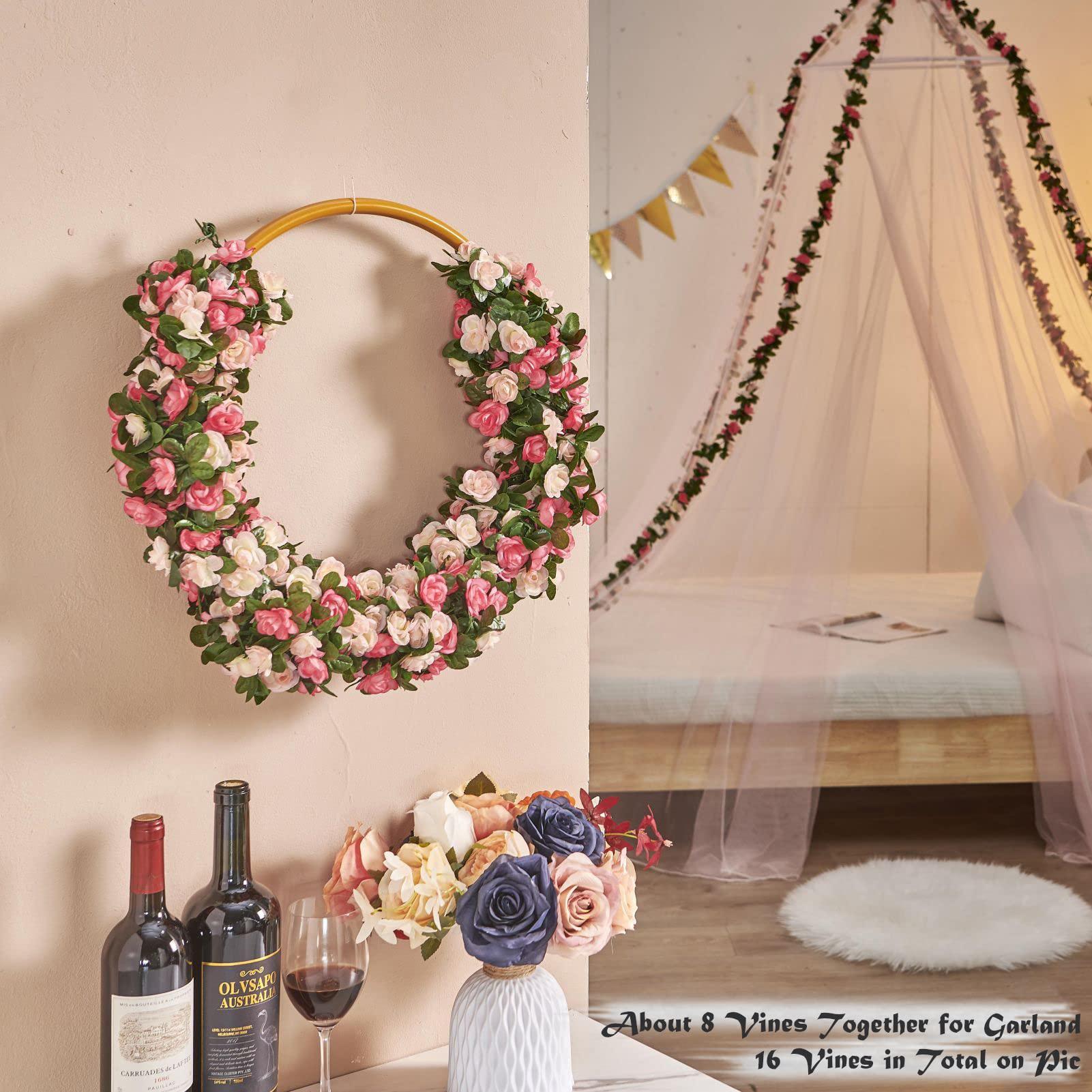 PONKING 8 Pcs 66FT Flower Garland, Artificial Rose Vine Flowers with Green Leaves Hanging for Room, Anniversary Wedding Birthday Christmas Wall Arch Decor, Spring Pink Flower - Image 5