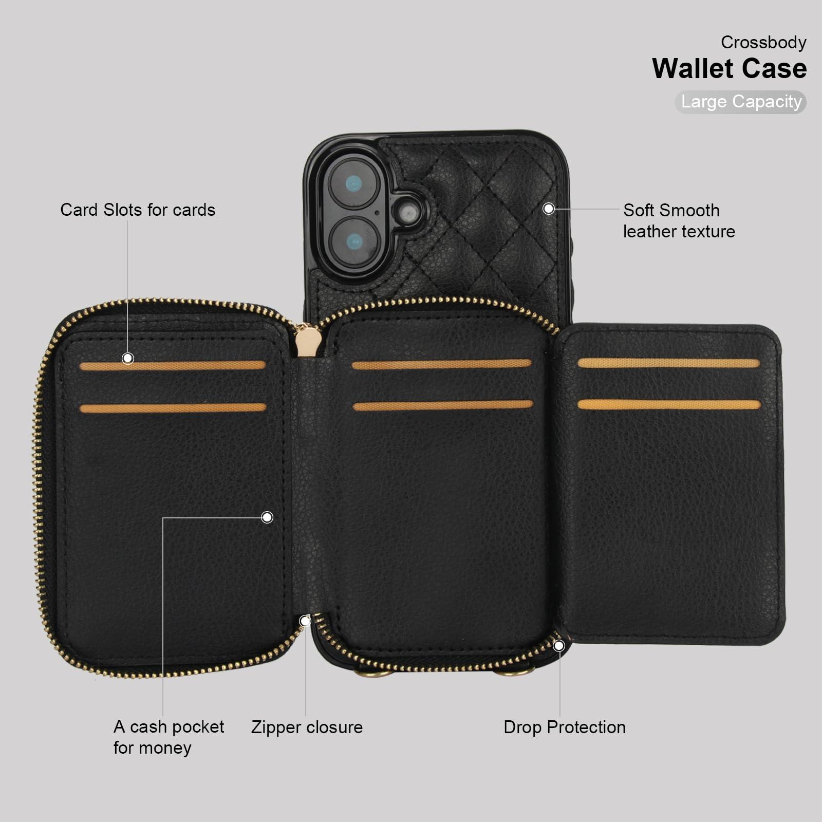 Bocasal Crossbody Wallet Case for iPhone 16 Plus, RFID Blocking PU Leather Zipper Handbag Purse Flip Cover, Kickstand Folio Case with Card Slots Holder Wrist Strap Lanyard 5G 6.7 Inch (Black) - Image 7