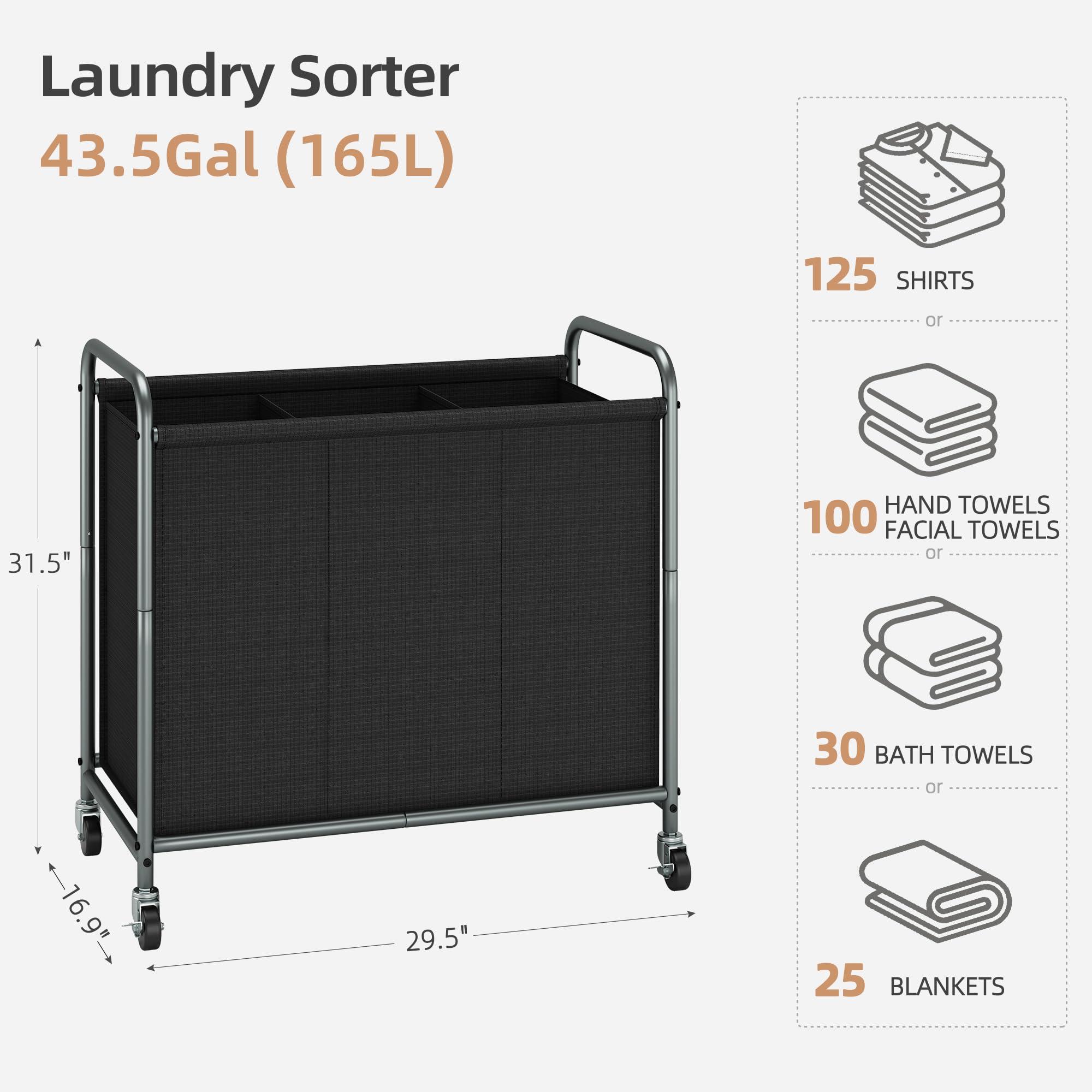 STORAGE MANIAC Rolling Laundry Hamper, 165L Laundry Basket with Lockable Wheels, Triple Clothes Sorter Cart, 3 Bag Clothes Separator Hamper for Closet, Bathroom, Laundrys Room, 3 Section Black - Image 3