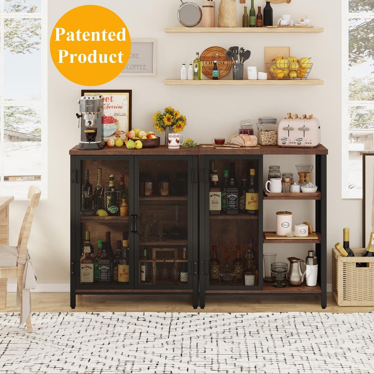 BON AUGURE Coffee Bar Cabinet for Liquor, Small Storage Cabinet for Home Kitchen, Farmhouse Buffet Sideboard Console Table, Industrial Alcohol Cabinets for Dining Entryway Living Room (Rustic Oak) - Image 7