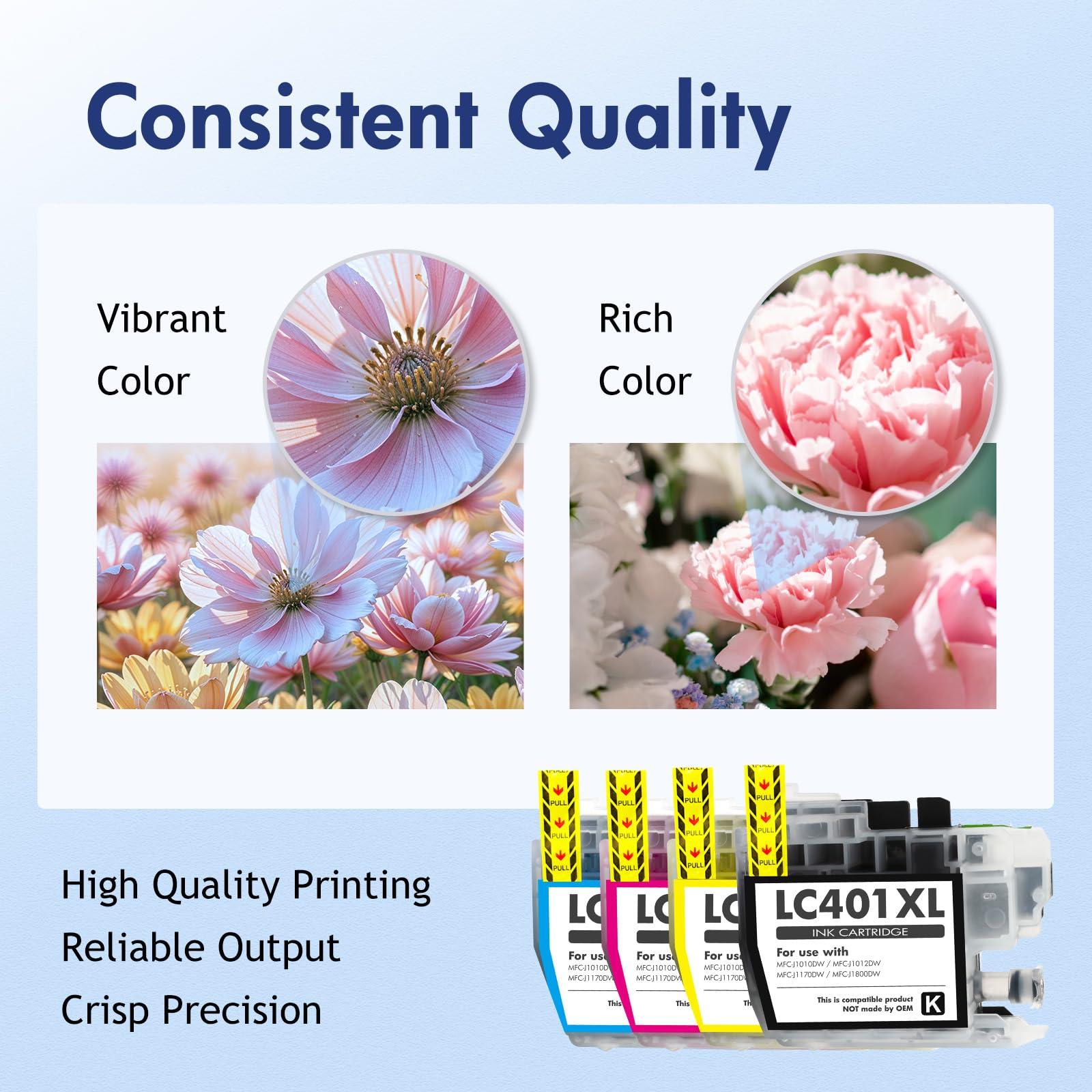 LC401 LC401XL MFC-J1010DW Ink Cartridges for Brother Printer LC 401 401XL for MFC-J1010DW MFC-J1170DW MFC-J1012DW MFC-J1800DW MFC J1010DW - 4 Pack High Yields Black Cyan Magenta Yellow - Image 6