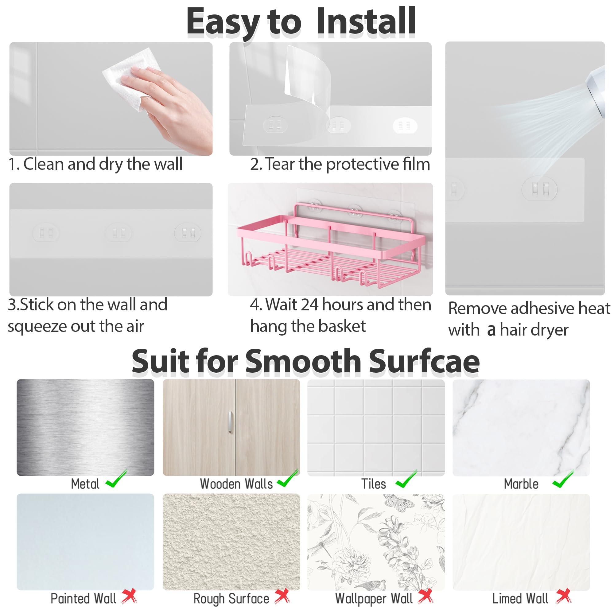 Liuoud 5 Pack Shower Caddy Organizer Rack Shelf for Inside Shower, Adhesive Bathroom Wall Storage Basket Rustproof Stainless Steel Shampoo Holder, Girly Bathroom Accessory Decor Set, Pink - Image 7