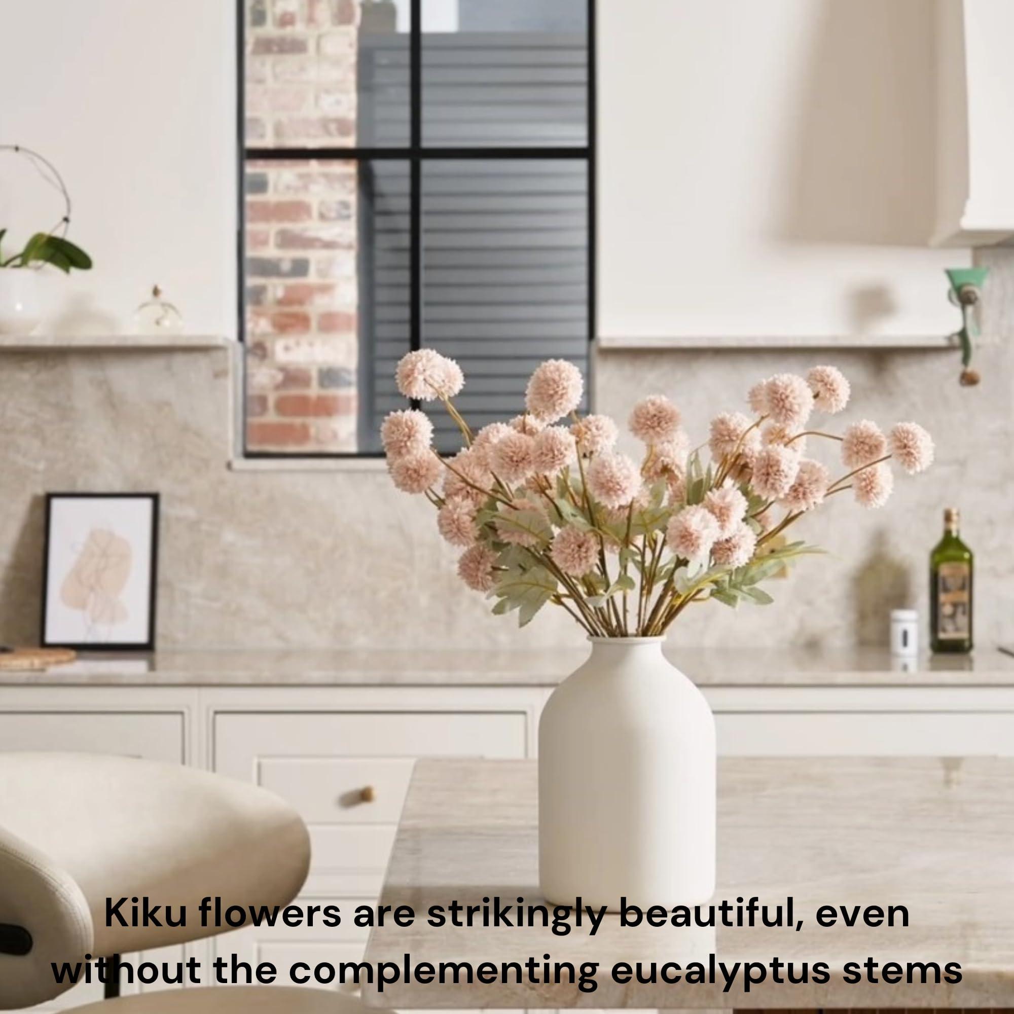 Artificial Flowers Beige 10 Stems + Eucalyptus, Faux Flowers For Vase, Fake Mums Silk Long Stem, Tan Nude Cream Neutral Floral, Chrysanthemum Pom Pom Floral Arrangements, Mini Faux Kiku Flower bulk - Image 2