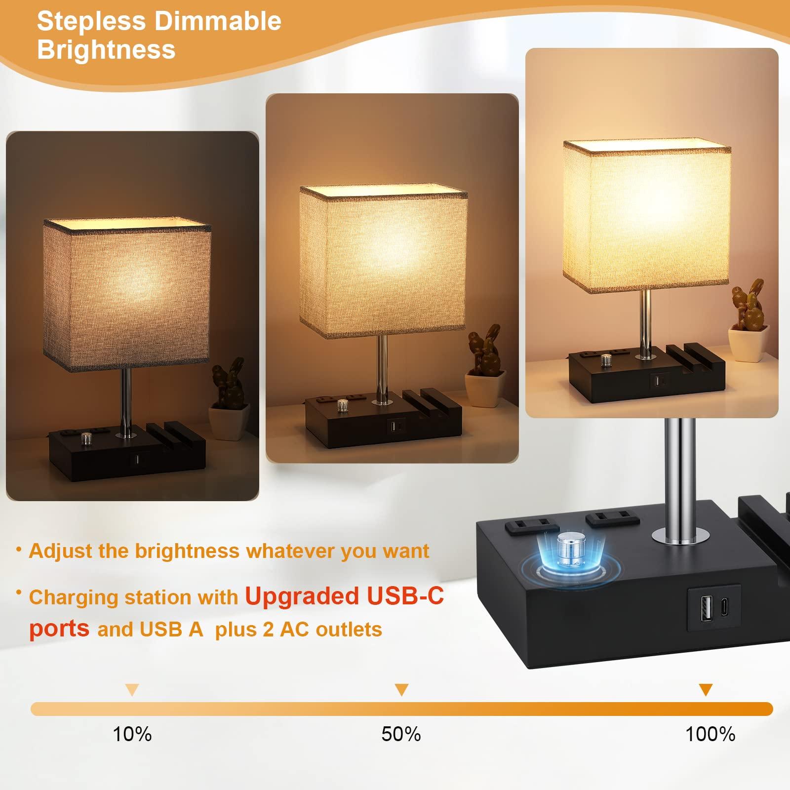 Kakanuo Fully Dimmable Nightstand Lamp for Bedroom with USB C Ports, Grey Small Bedside Table Lamp with Charging Outlets and Phone Stands, Wooden Desk Lamp for Living Room, LED Bulb Included - Image 3