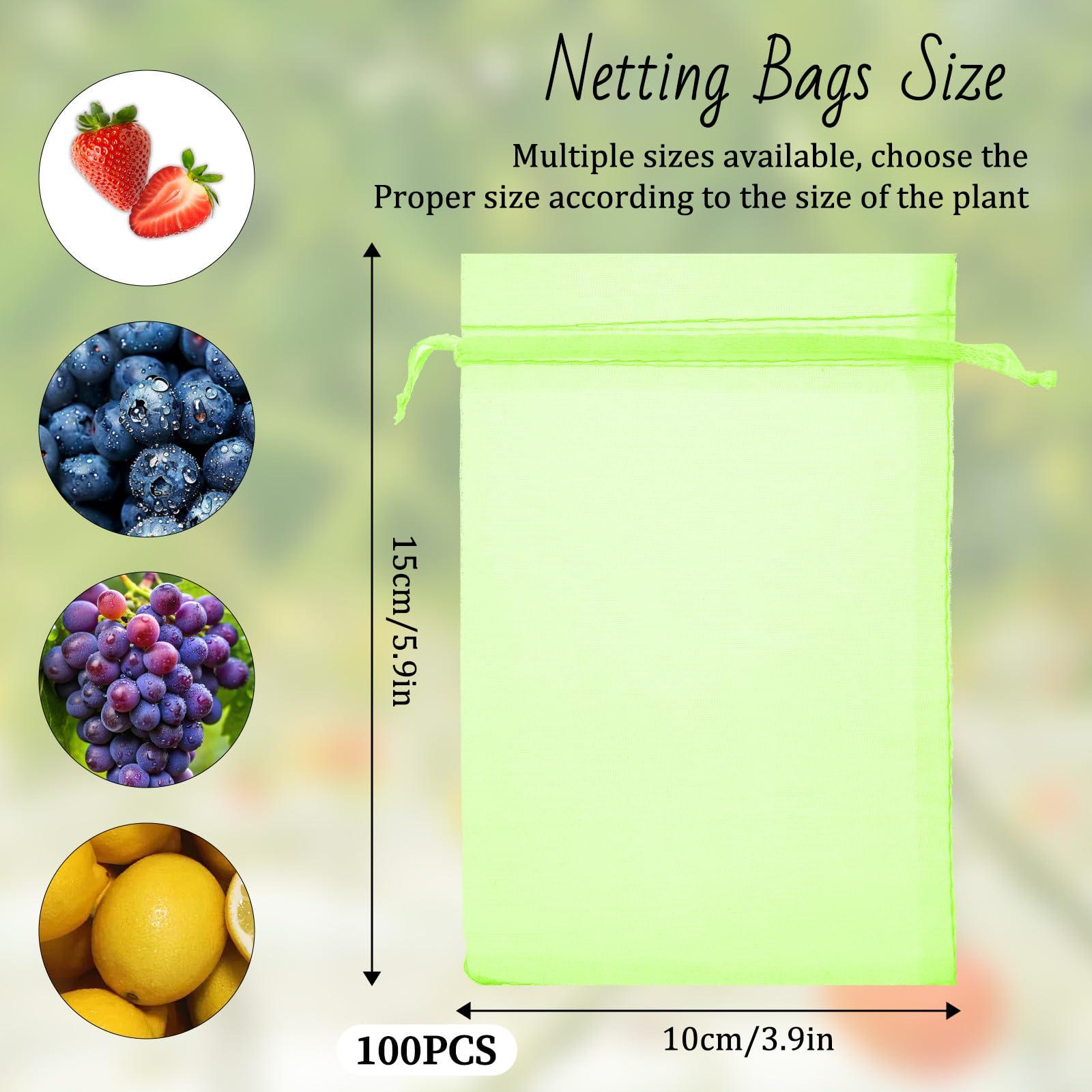 100 Pcs Fruit Protection Bags 4x6 Inch Green Strawberry Netting Cover Drawstring Mesh Bags Fruits Protectors Pest Barrier for Tomato Mango Blueberry Fruits Trees Veggies Garden Small Fruit - Image 2