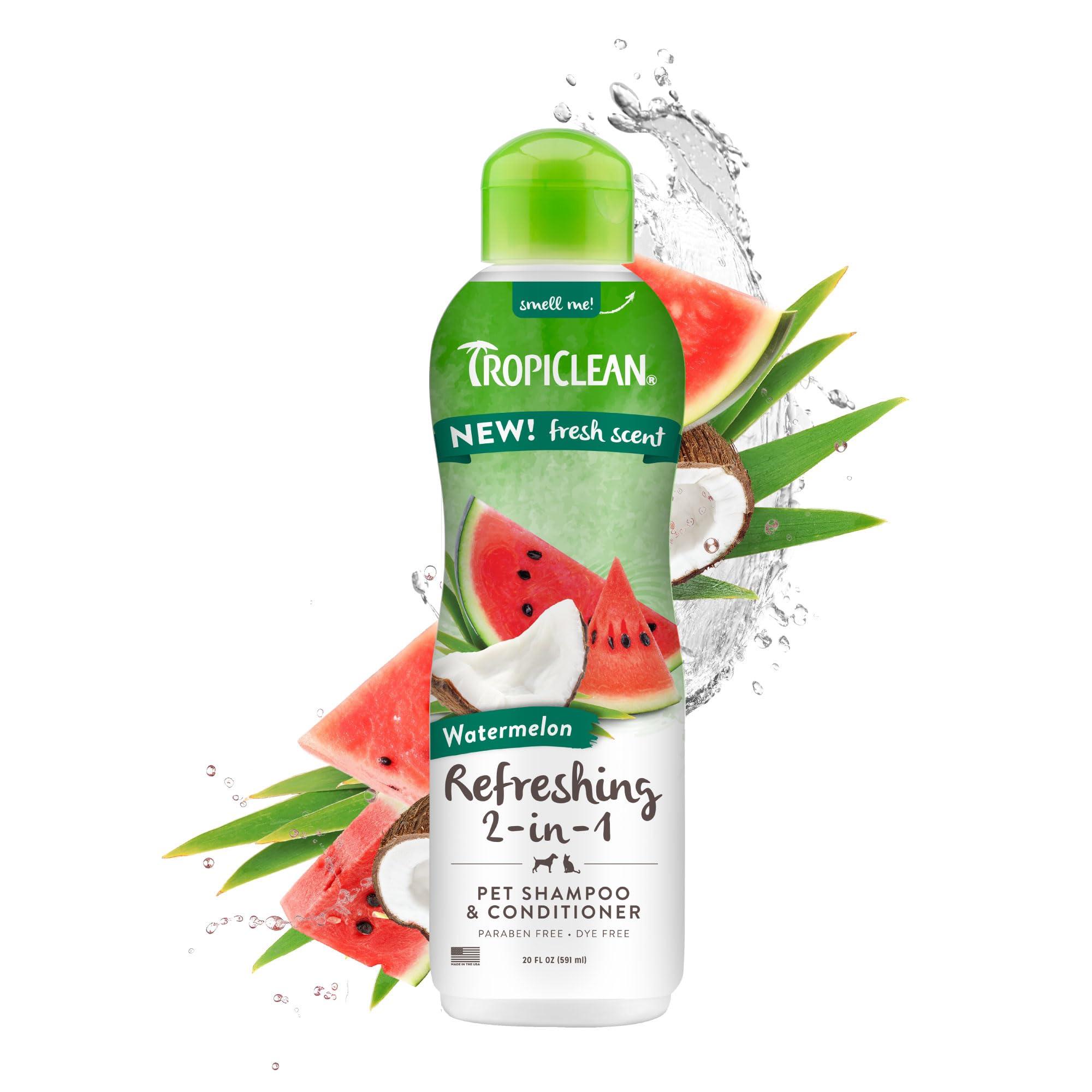 TropiClean 2-in-1 Dog Shampoo and Conditioner, Moisturizing Dog Detangler, Puppy Safe, Made in the USA, Watermelon Scent, Cat & Kitten Safe, 20oz.