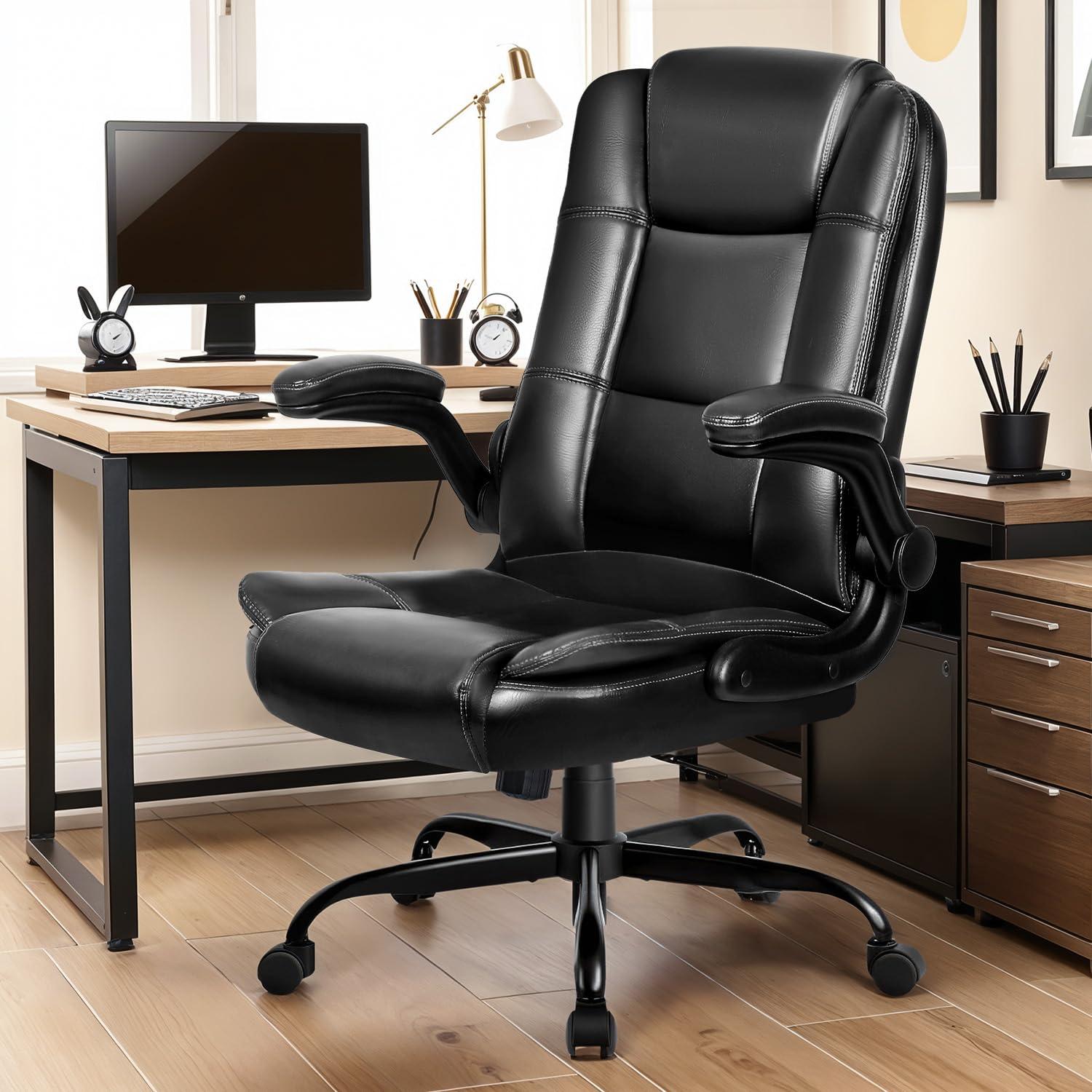 Leather Office Chair - Ergonomic Computer Desk Chair, High Back Executive Office Chair with Lumbar Support, Comfortable Leather Home Office Desk Chairs with Padded Flip-up Armrest, Black - Image 2