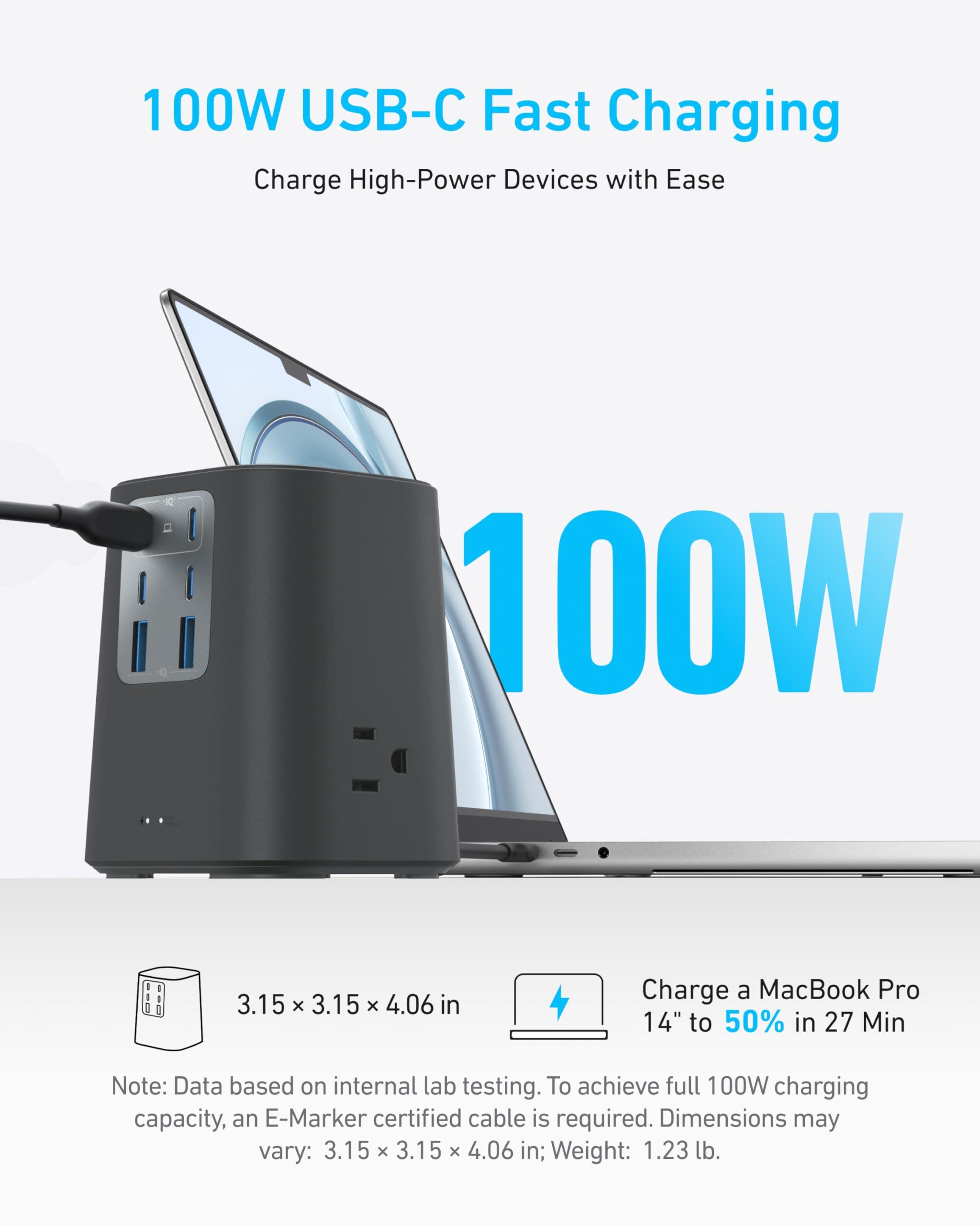 Anker Charging Station (100W), 9-in-1 USB-C Power Strip with 300J Surge Protection, for iPhone 16 & MacBook, 5 ft Flat Cable and Plug, 4 USB-C and 2 USB-A Ports, 3 AC Outlets, for Home, Office - Image 3
