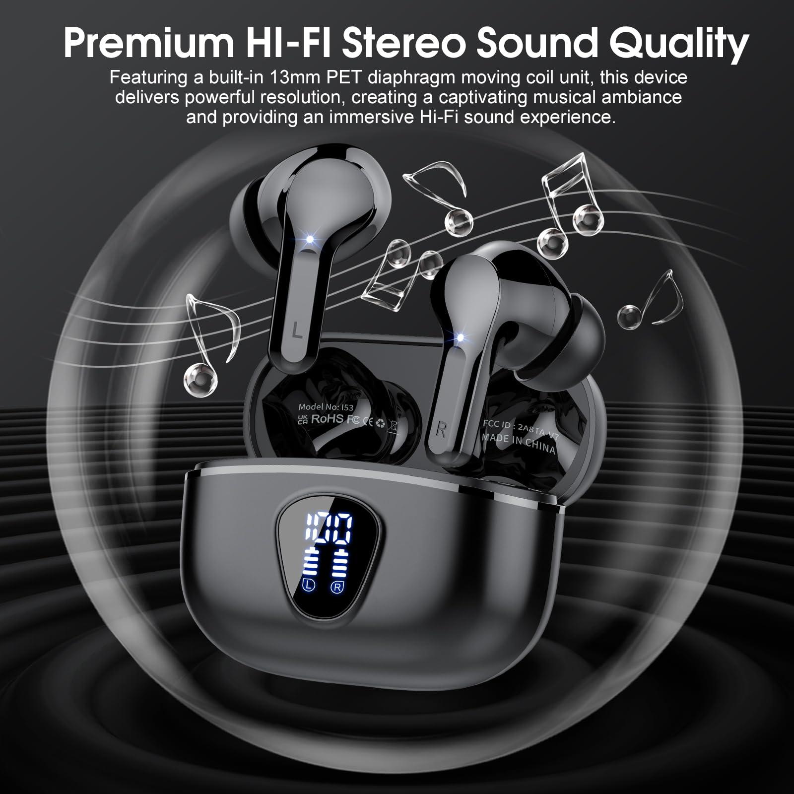 Wireless Earbuds, Bluetooth 5.3 Headphones HiFi Stereo, Bluetooth Earbuds with ENC Noise Cancelling Mic, IP7 Waterproof in Ear Earphones, 48H, LED Display Ear buds for Phones Workout, Mysterious Black - Image 4