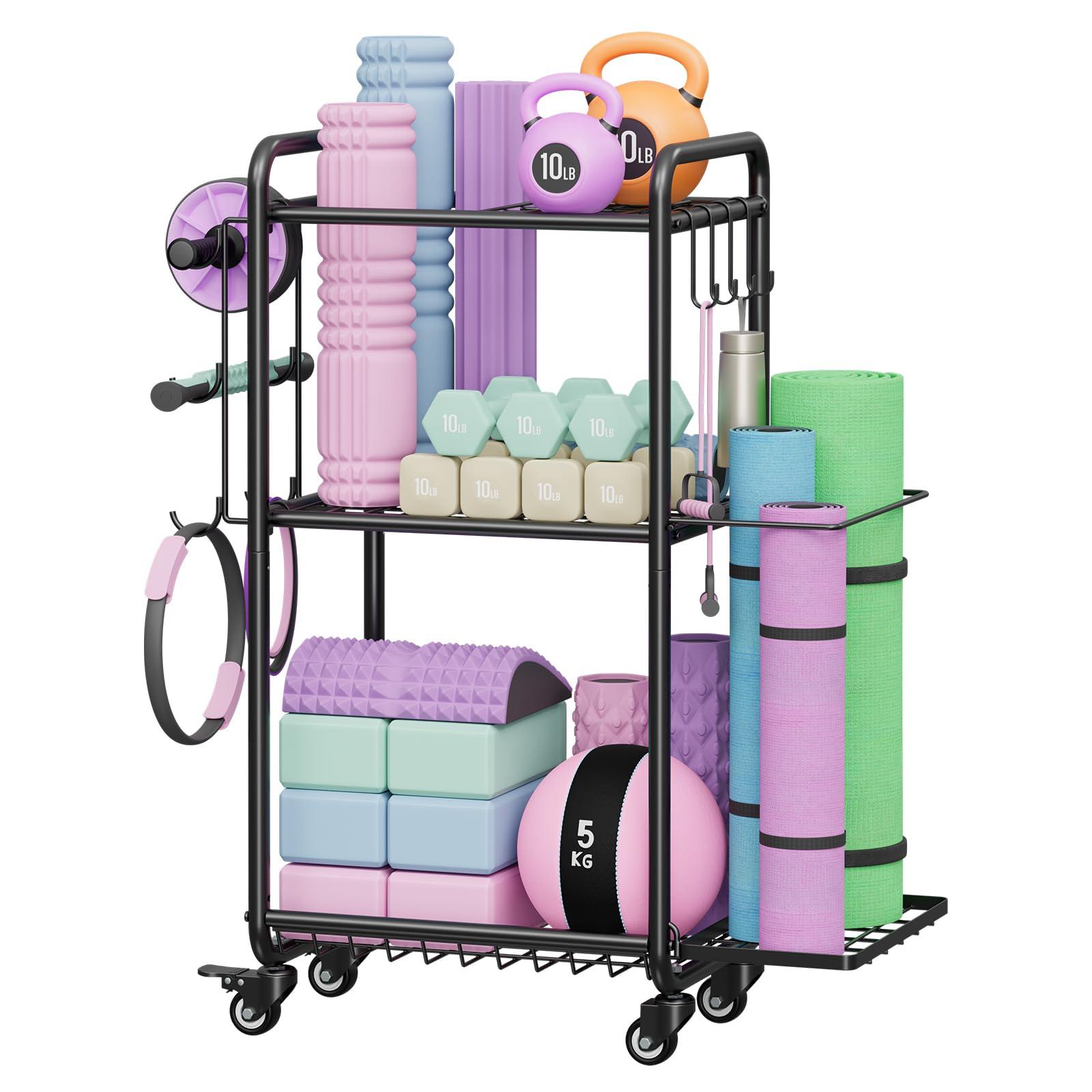 Weight Rack for Home Gym, All in One Yoga Mat Storage Rack, Workout Equipment Storage with Wheels and Hooks for Dumbbells Kettlebells Foam Rollers, Powder Coated
