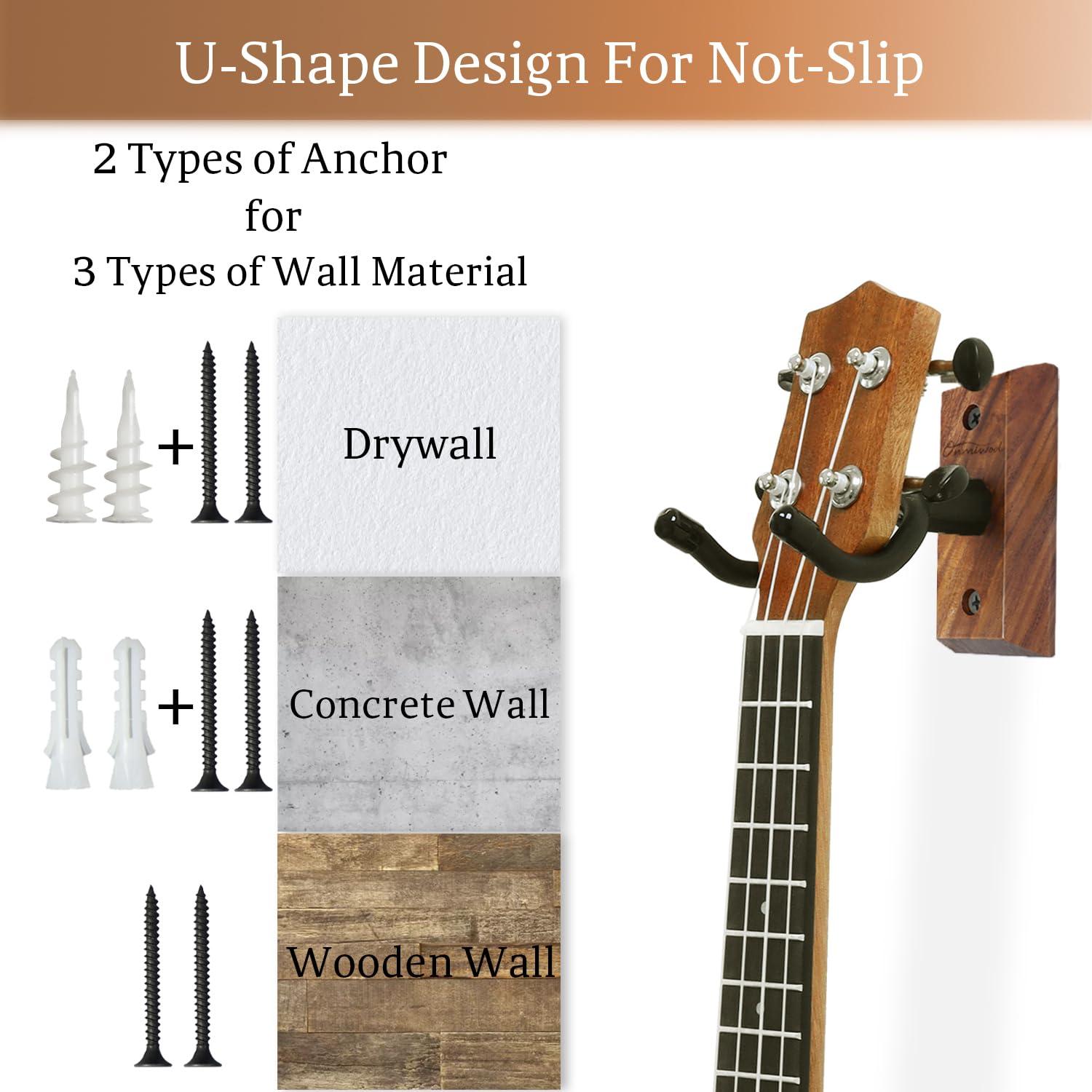 Ukulele Wall Mount Hanger 2 Pack, Black Walnut Wood U-Shaped Ukulele Holder Hanger, Ukulele Wall Mount Hook for Ukulele Banjo Mandolin Concert Pineapple Soprano Tenor and Baritone - Image 3
