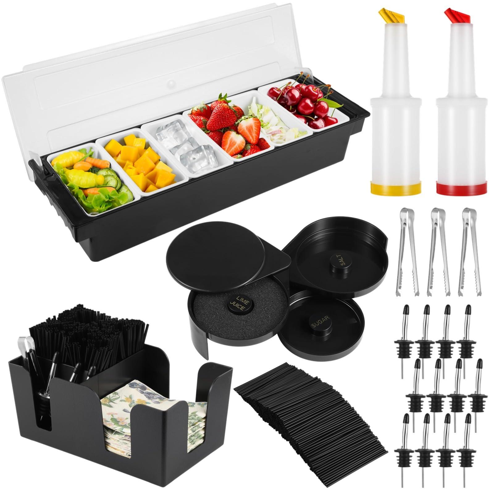 Bar Garnish Tray with Lid - 6-Grid Fruit Container, 3-Tier Bar Rimmers, 12 Stainless Steel Classic Bottle Pourers, 2 Plastic Juice Pour Bottles, 1000 Count Cocktail Stirrers, 3 Serving Tongs Set