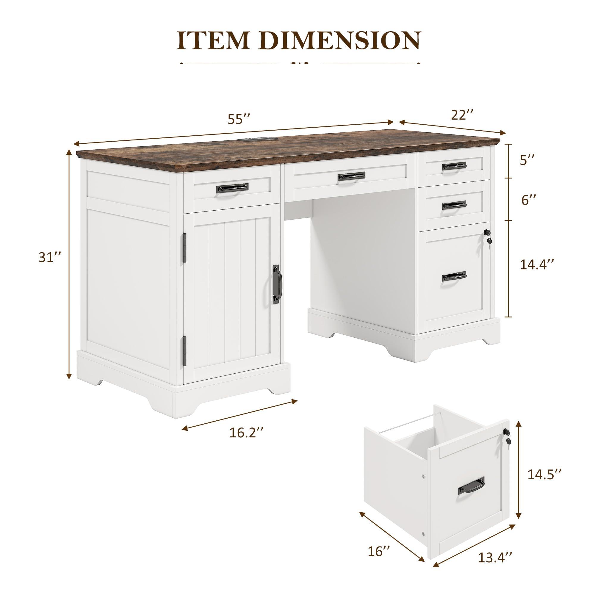 Whalefall 55'' Farmhouse Desk Home Office with Drawers, Executive Computer Desk Wooden with File Cabinet and Charging Station, White - Image 2