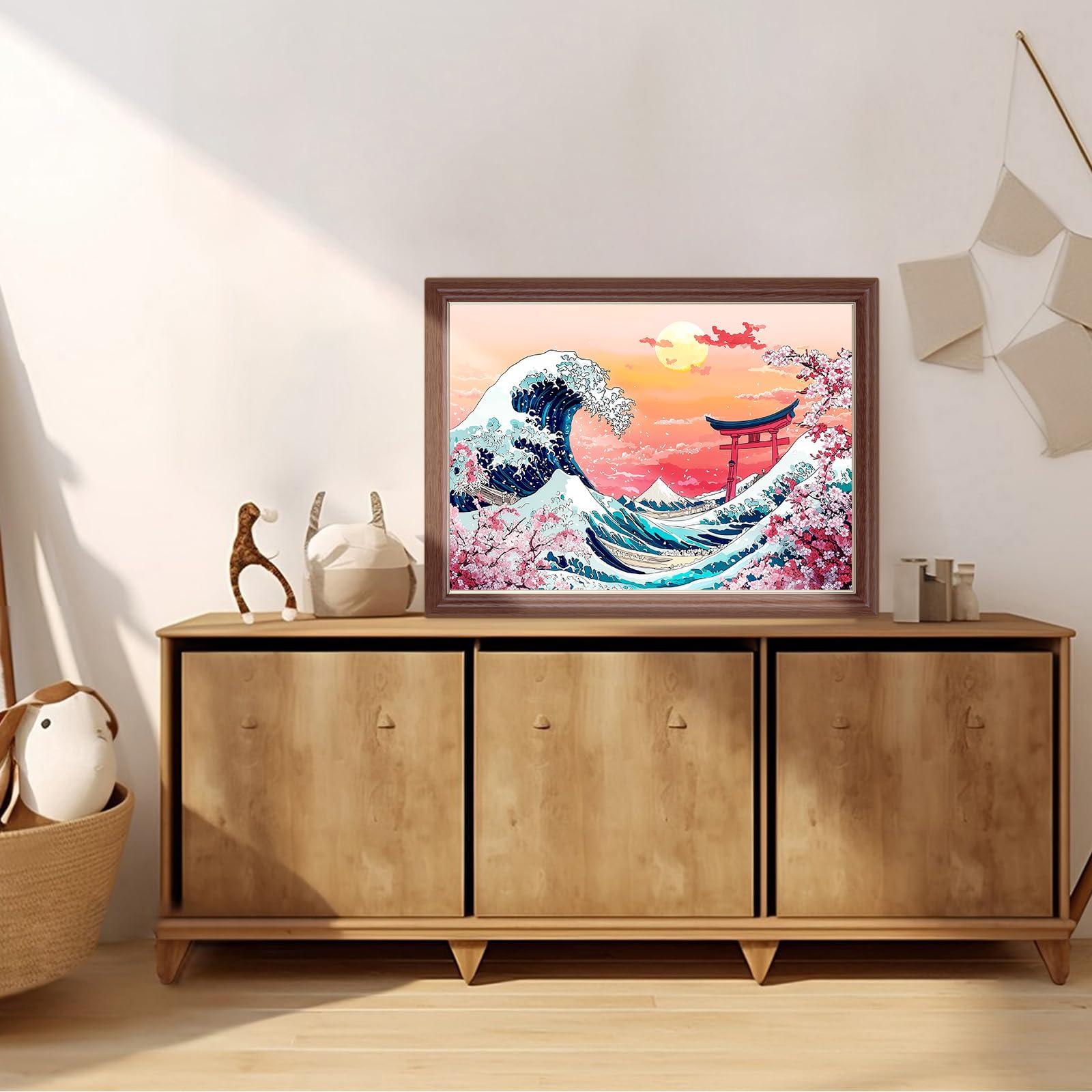 Lxmsja Cherry Blossom Diamond Art Kits for Adults, Great Wave DIY Full Drill Diamond Painting Kits for Beginners, 5D Gem Art Crafts for Adults, Home Wall Decor 16x12 inch - Image 3