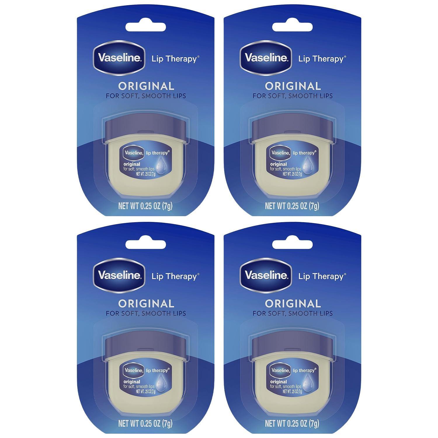 Vaseline Lip Therapy Original 4-Pack – Moisturizing Lip Balm for Very Dry Lips in Mini Jars, 0.25 Oz Ea