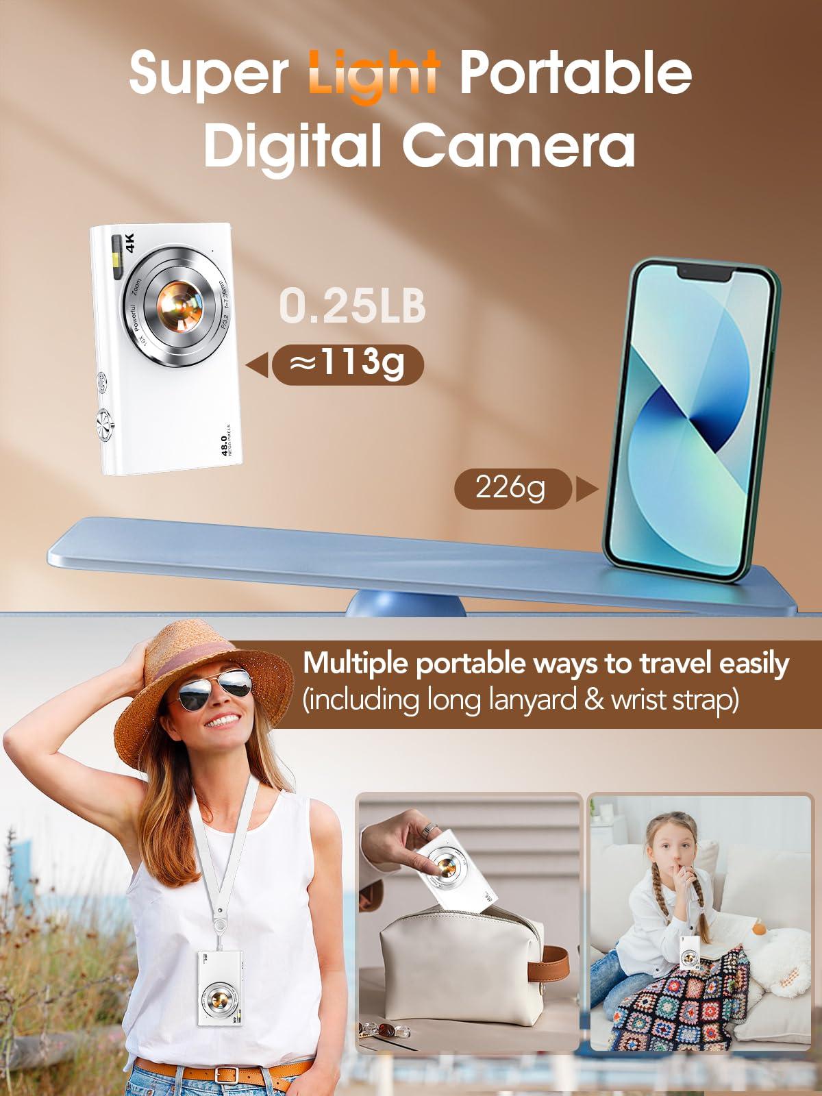 Digital Camera,Autofocus 4K Vlogging Camera for Photography with 32GB Card,48MP Portable Compact Point and Shoot Digital Camera for Teens Adult Beginner with 16X Zoom,Anti-Shake,2 Batteries(White) - Image 5