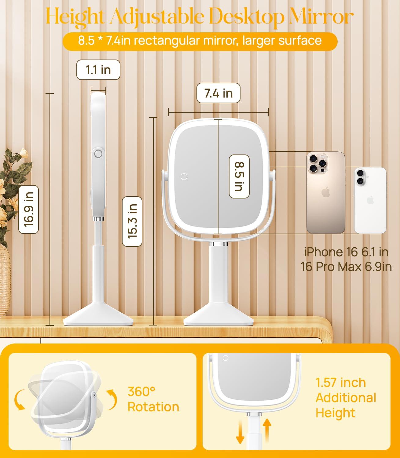 Gospire Rectangle Lighted Makeup Mirror with Magnification, 10X Magnifying Mirror with Lights 3 Color, Height Adjustable and 4000mAh Battery for Bedroom Bathroom, Large Surface for Women or Men- White - Image 3