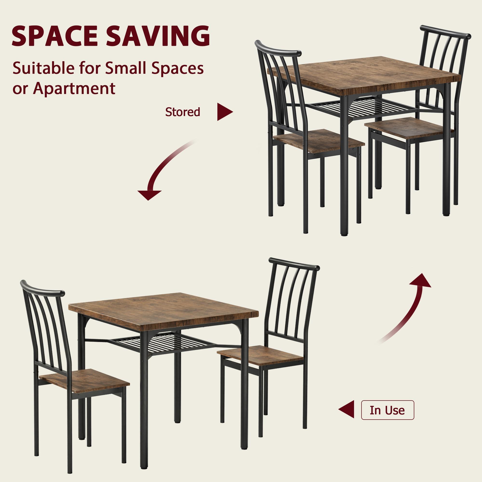 GAOMON Dining Table Set for 2, Kitchen Table and Chairs for 2 with Wine Rack, Dining Room Table Set with 2 Wood and Metal Chairs, Square Kitchen Table Set for Small Space, Apartment, Rustic Brown - Image 5