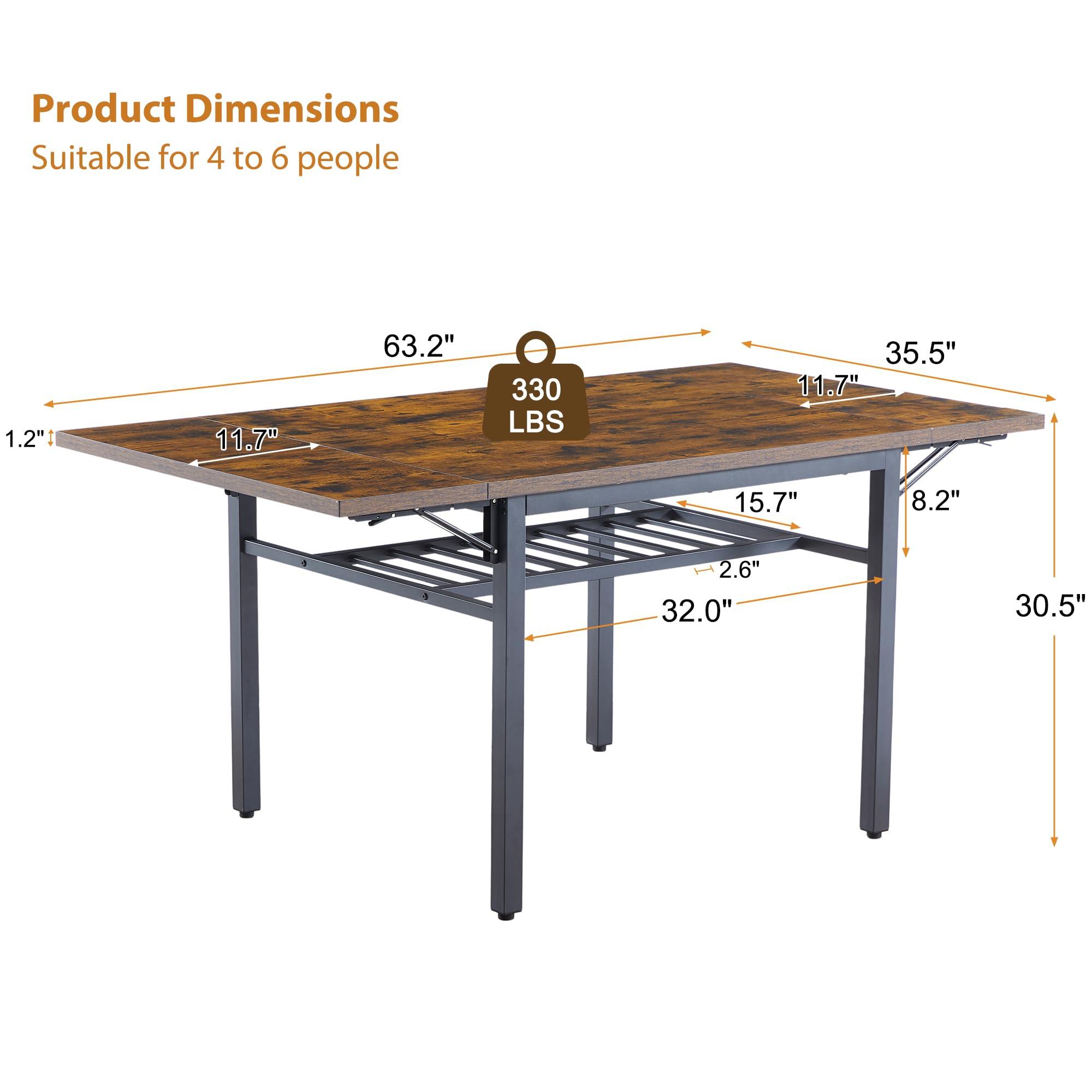 Tmsan 63.2" Folding Dining Table for 4-6 People, Drop Leaf Table with Storage Rack Extendable Kitchen Dinner Table for Small Spaces, Chairs Not Included (Brown) - Image 3