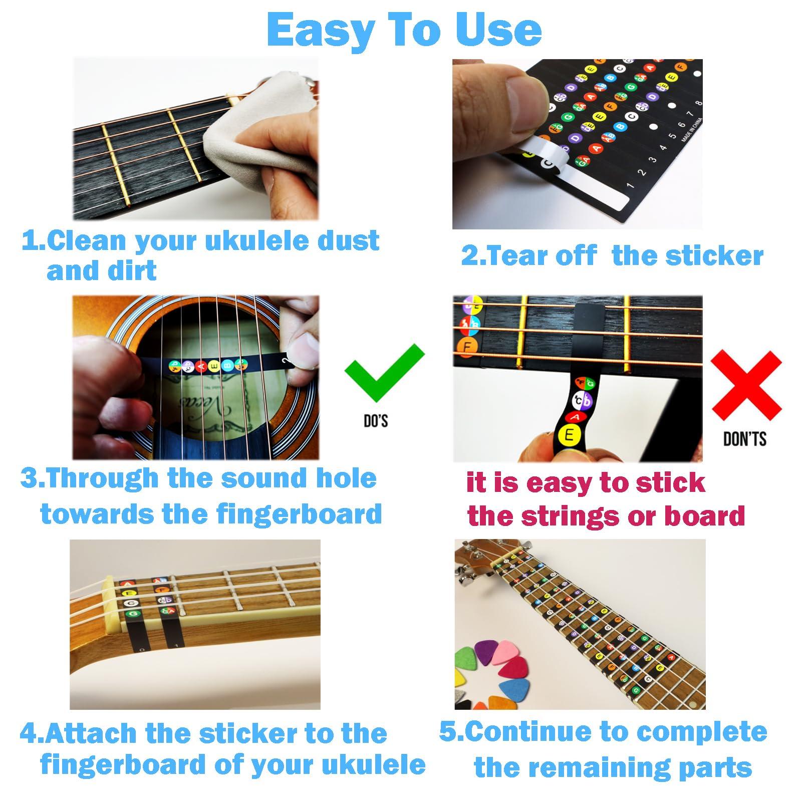 JUNLEGO Ukulele Beginner's Kit: Chord Chart, Fretboard Stickers, Picks - Black and White Vinyl, Ukulele Accessory - Image 7