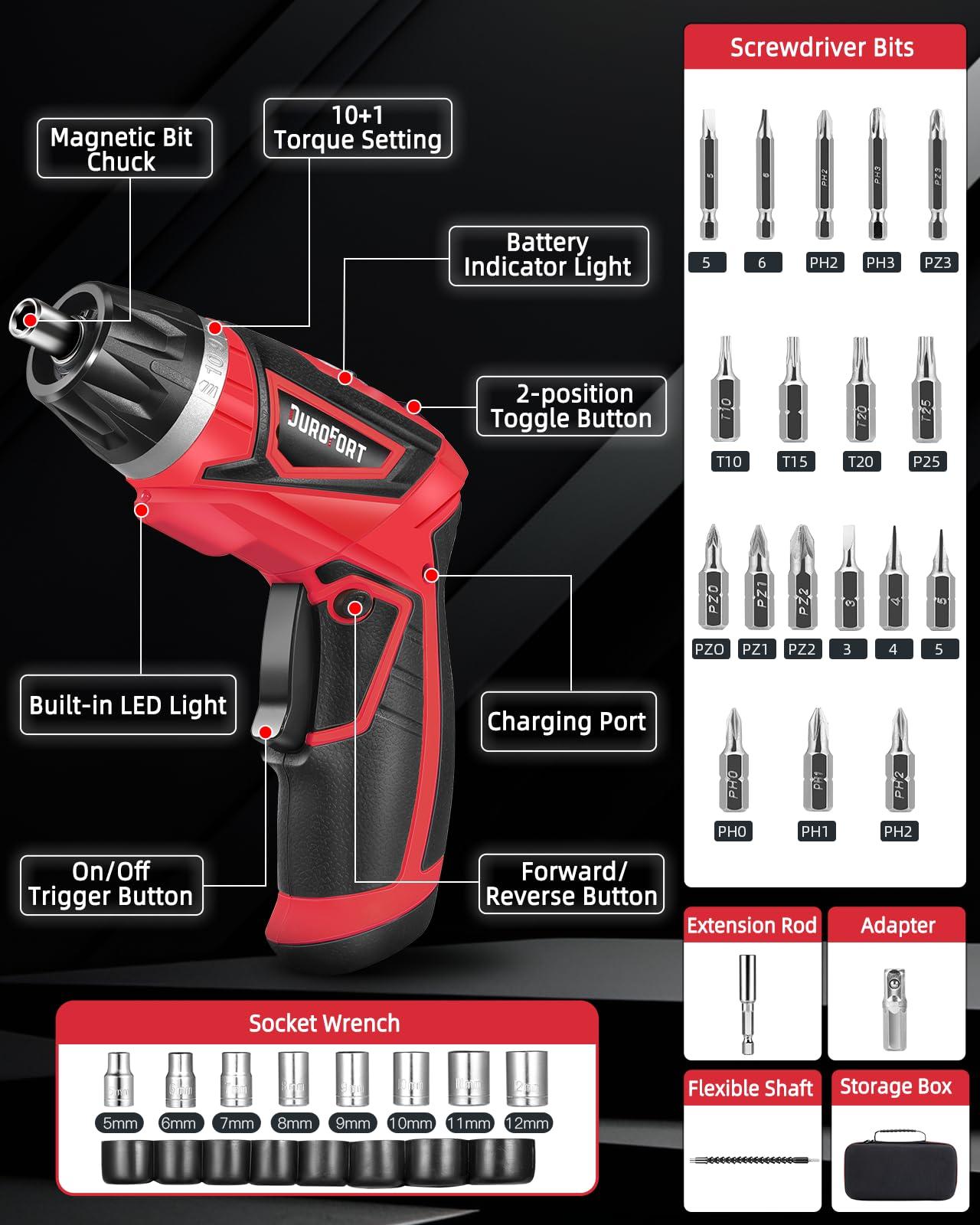Cordless Electric Screwdriver Set, 8V Max 10Nm Rechargeable Power Electric Drill, Battery Screw Gun with 28pcs Driver Bit Set, 320RPM/10+1 Torque Setting, 2 Position Handle, Flexible Shaft LED Light - Image 6