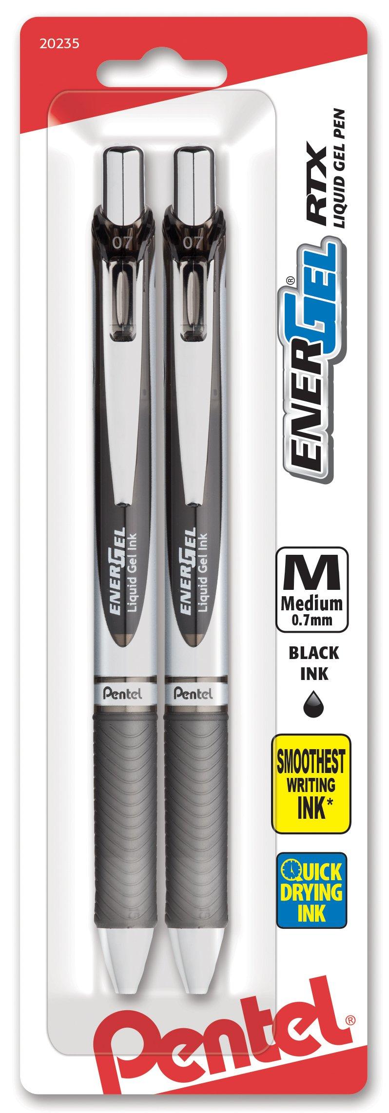 Pentel EnerGel RTX Retractable Liquid Gel Pen, (0.7mm), Medium Line, Metal Tip, Black Ink, Pack of 2 (BL77BP2A)