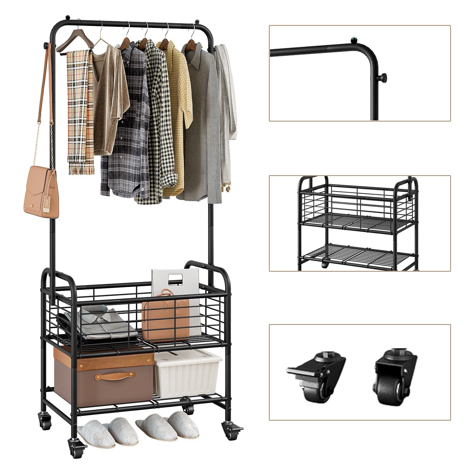 SUOERNUO Laundry Cart with Hanging Rack Rolling Laundry Hamper Sorter with Wheels Shelf,Black - Image 6