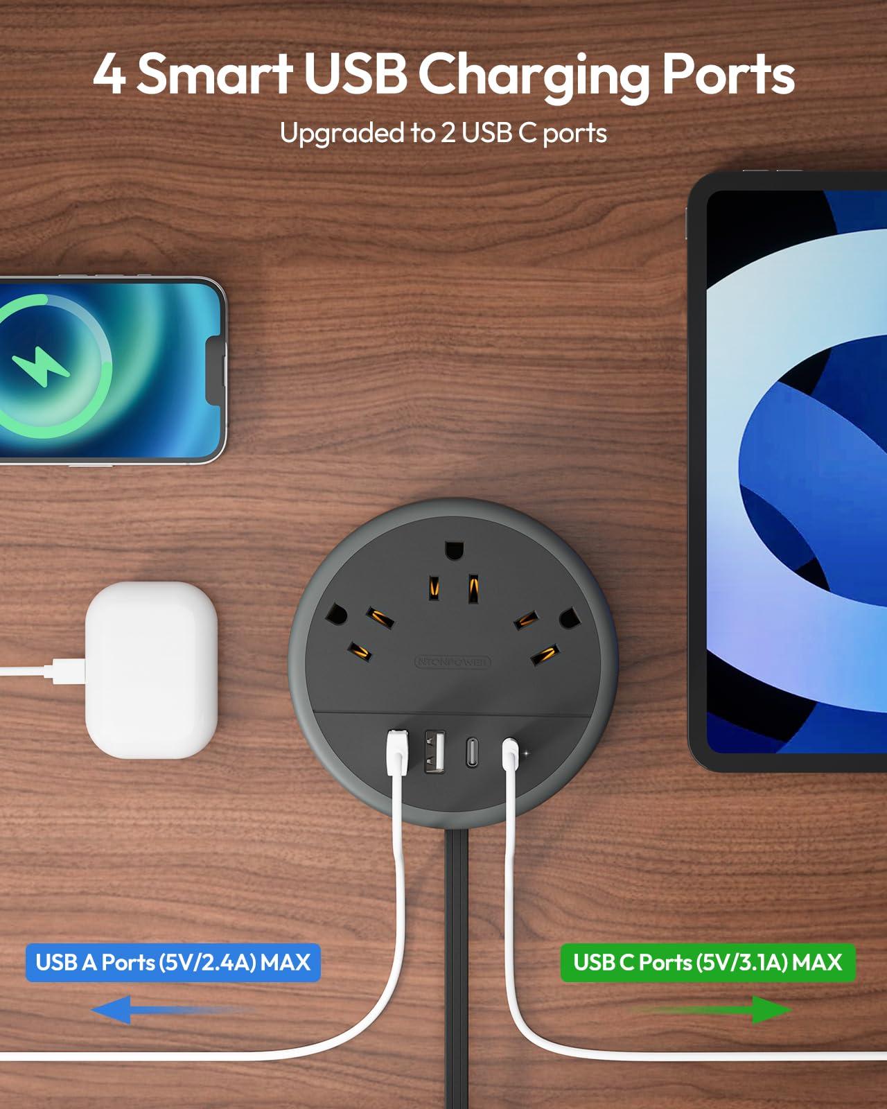 NTONPOWER Flat Plug Extension Cord, 2 USB C Travel Power Strip with 3 Outlets 4 USB Ports, 4ft Flat Extension Cord, Portable Power Strip Mountable for Travel Cruise Ship Essentials Home Black - Image 2