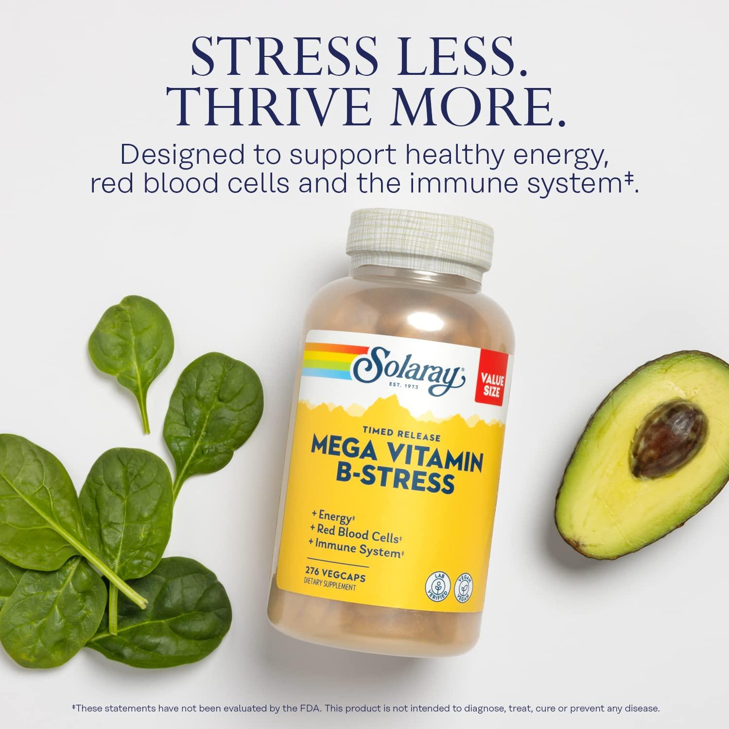 SOLARAY Mega Vitamin B-Stress - Timed Release Vitamin B Complex w/Vitamin B12, B6, Folic Acid, VIT. C - Stress, Energy, Red Blood Cell, Immune Support - Vegan, 60-Day Guarantee (276 CT) - Image 3