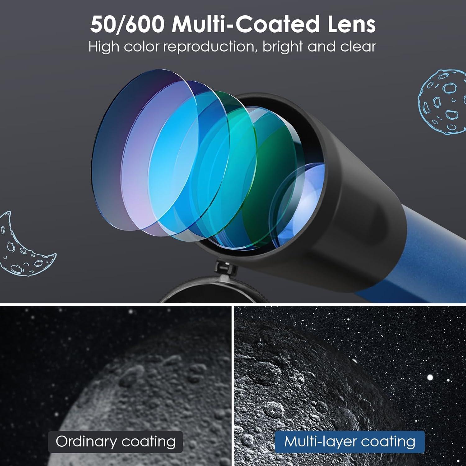 Telescope with Red Dot Finder, 50/600MM Astronomical Refracting Telescope with Retractable Tripod, Multi-Coated High Transmission Telescope for Beginners with Phone Adapter - Image 3