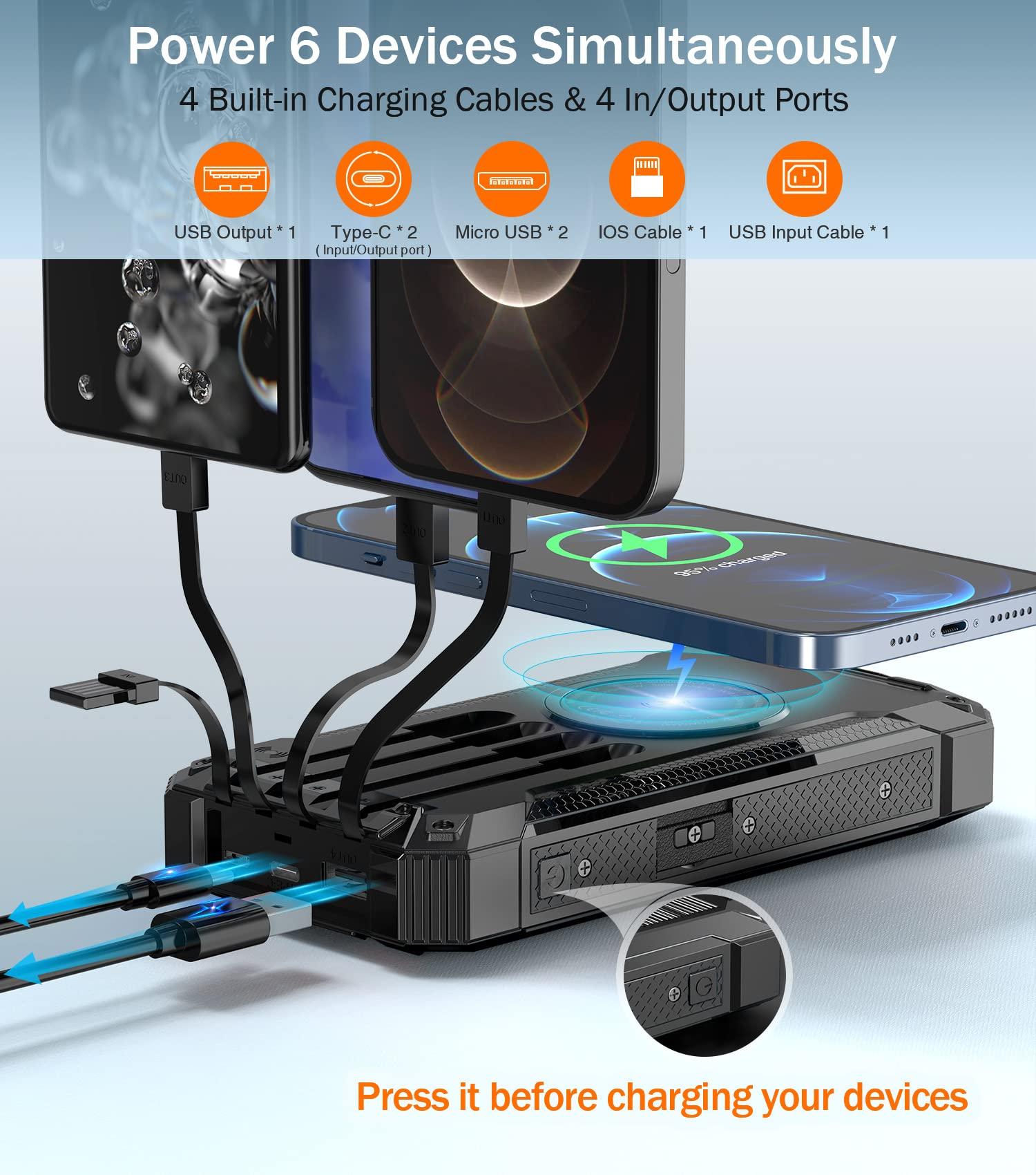 GOODaaa Power Bank Wireless Charger 36000mAh Built in 4 Cables Six Outputs 15W Fast Charging Power Bank for All Mobile Devices Three Inputs Solar Portable Charger with Dual Flashlights, Carabiner - Image 2