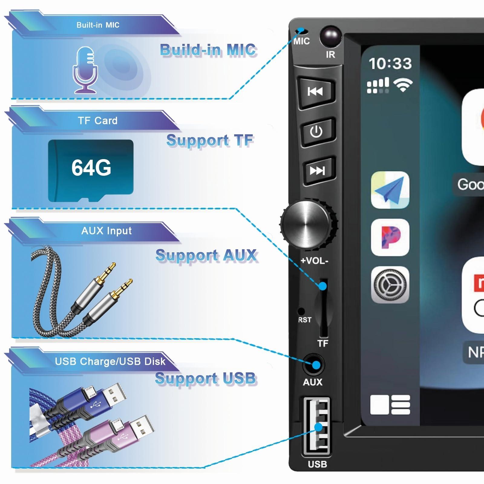 Wireless Double Din Car Stereo Works with Apple Carplay,7 Inch HD 1024 * 600 Touchscreen with Bluetooth 5.1,FM Car Radio,GPS Navigation,Backup Camera,Android Auto,Voice Control，USB/AUX/TF/SWC - Image 6