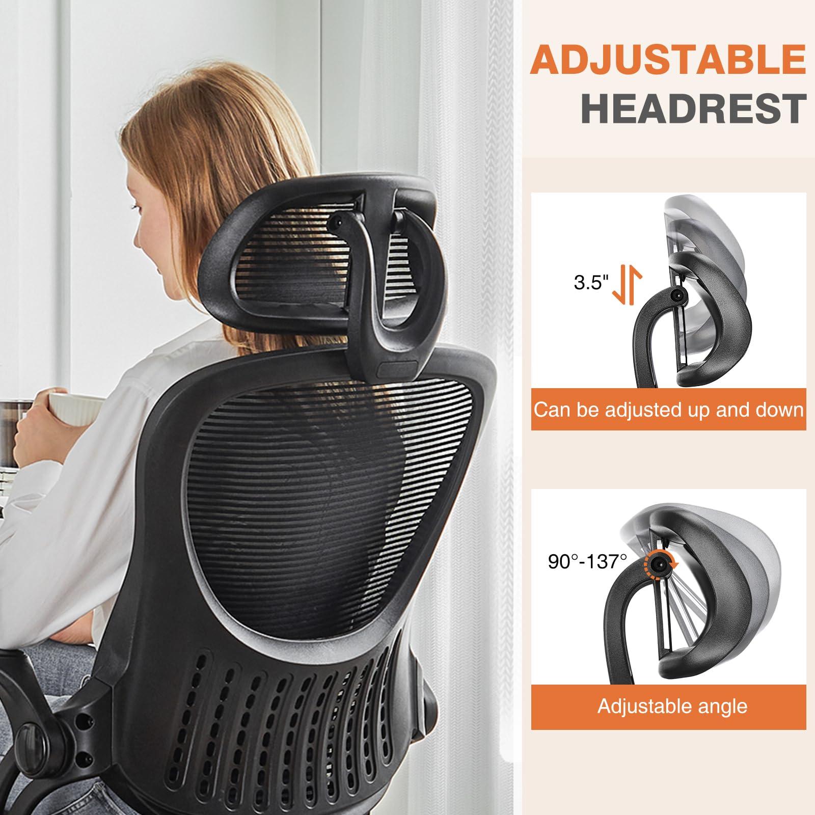 Sweetcrispy Office Computer Desk Chair, Ergonomic High-Back Mesh Rolling Work Chairs with Wheels and Adjustable Headrests, Comfortable Lumbar Support, Comfy Flip-up Arms for Home,Bedroom,Study, Black - Image 3
