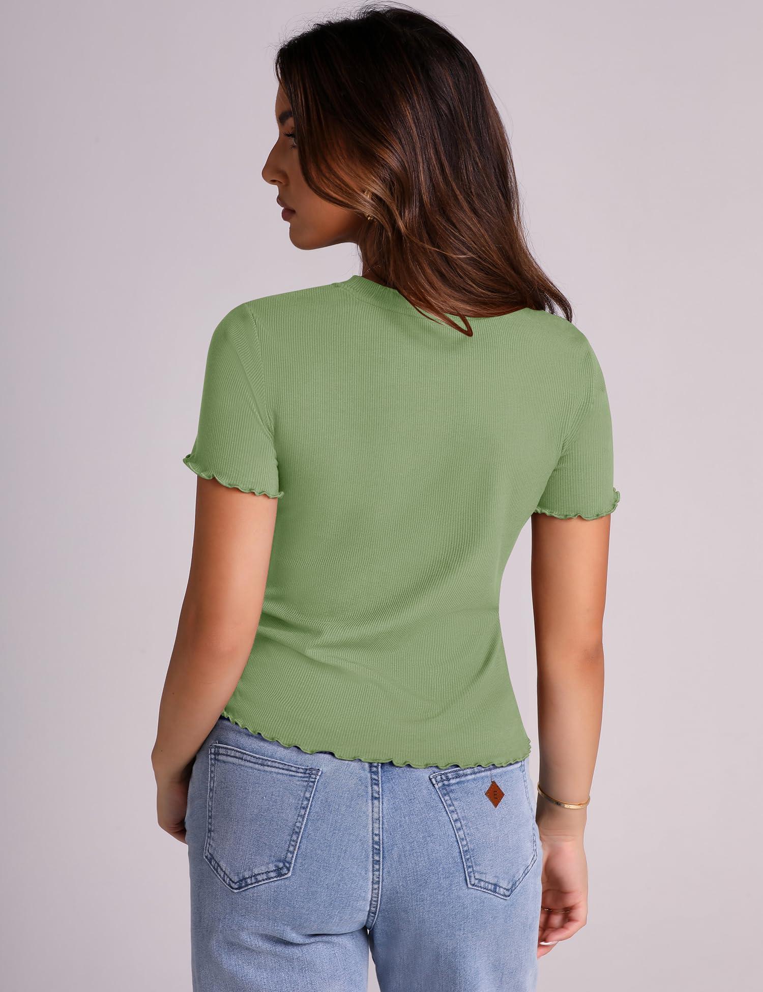 LOMON Women's Crew Neck Short Sleeves T Shirts Ribbed Fitted Summer Basic Tees Lettuce Trim Going Out Tops - Image 4