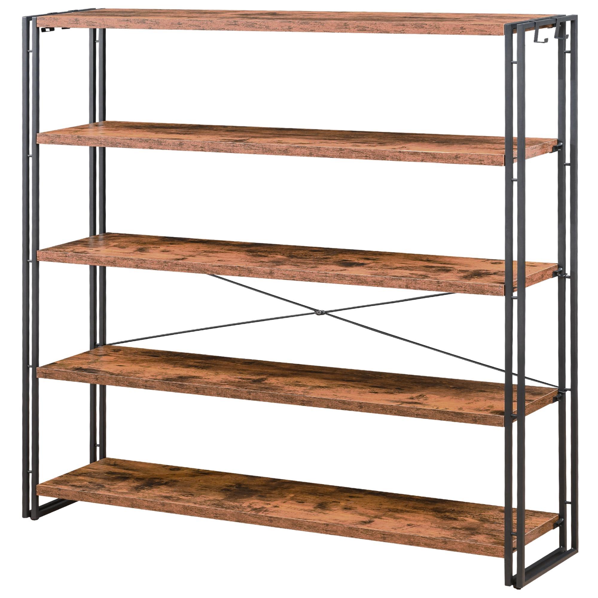 HCHQHS Bookshelf, 5-Tier Industrial Bookcase, Rustic Open Book Shelf, Freestanding Tall Bookshelves with Metal Frame