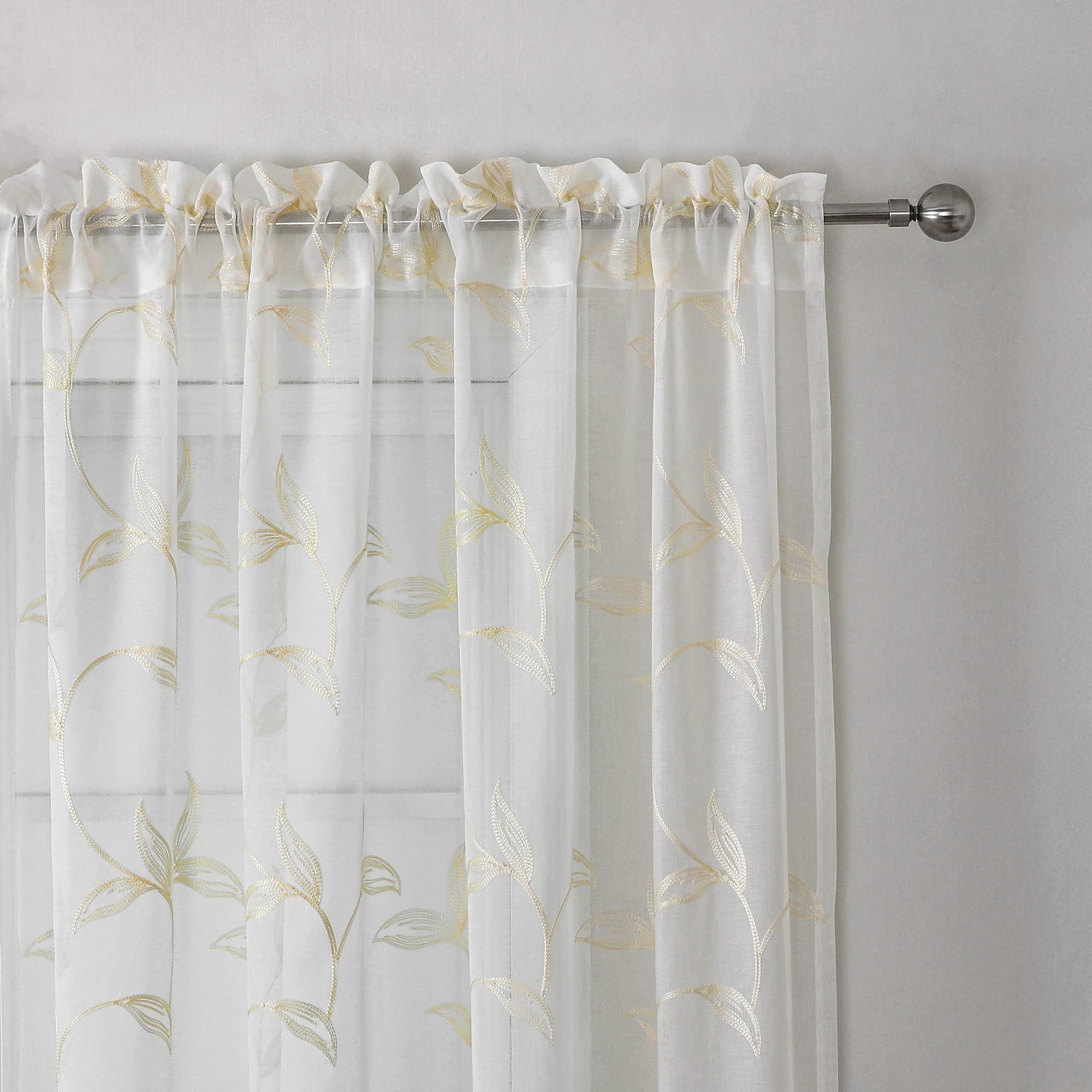 VISIONTEX Sheer Curtains 84 inch Length 2 Panels Set, White Voile Crushed Cream Vine Leaves Embroidery, Rod Pocket Embroidered Window Drapes for Living Room and Bedroom, 54" x 84" - Image 3