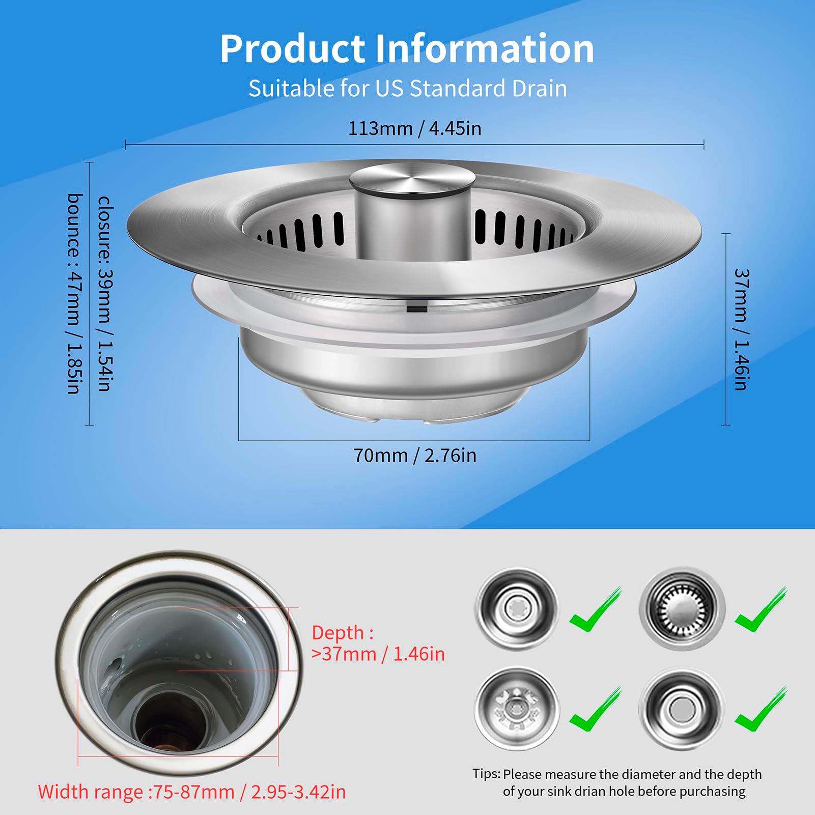 Upgraded 3 in 1 Kitchen Sink Drain Strainer - Stainless Steel Sink Stopper, Anti-Clogging Sink Food Catcher Basket, Fast Drainage Odor Filter Sink Plug for US Standard 3 1/2 inch Drain (Silver-1Pack) - Image 2
