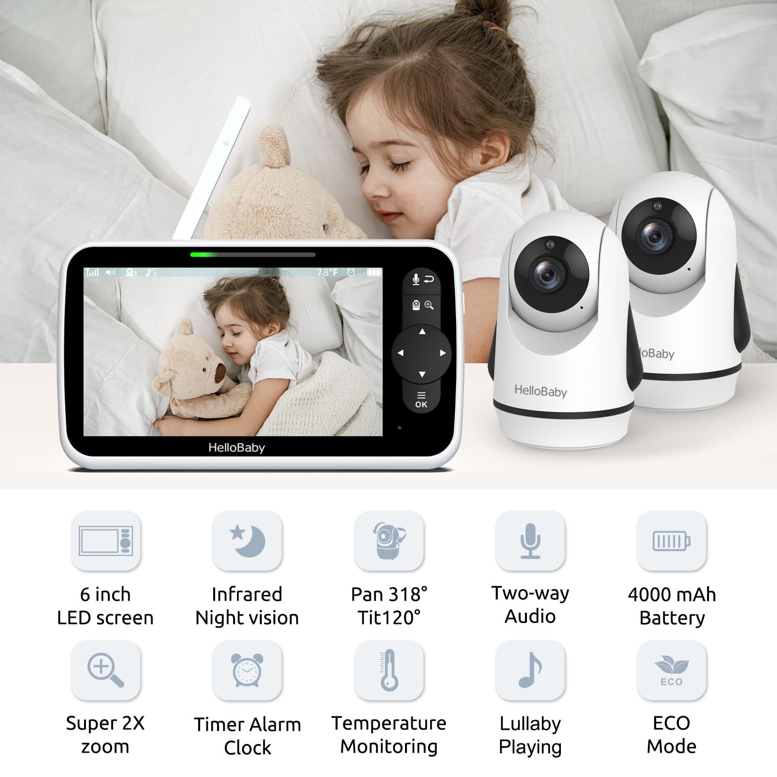 HelloBaby Video Baby Monitor with Upgraded 6” IPS Large Screen, Split Screen with 2 Cameras, Night Vision and Temprature Monitoring, Remote Pan-Tilt-Zoom Camera, No-WiFi - Image 2