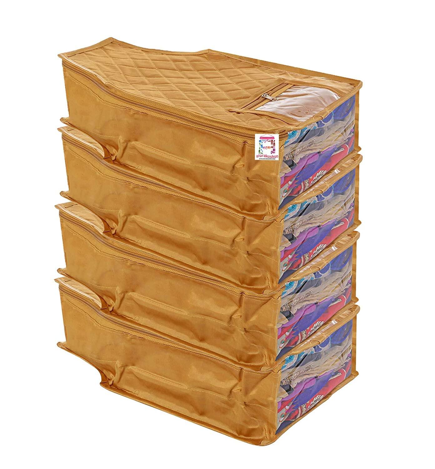 atorakushon 4 Piece Fabric Satin Blouse Cover Clothes Storage Bag Set With Transparent Window Wardrobe Garments Organizers (Golden)